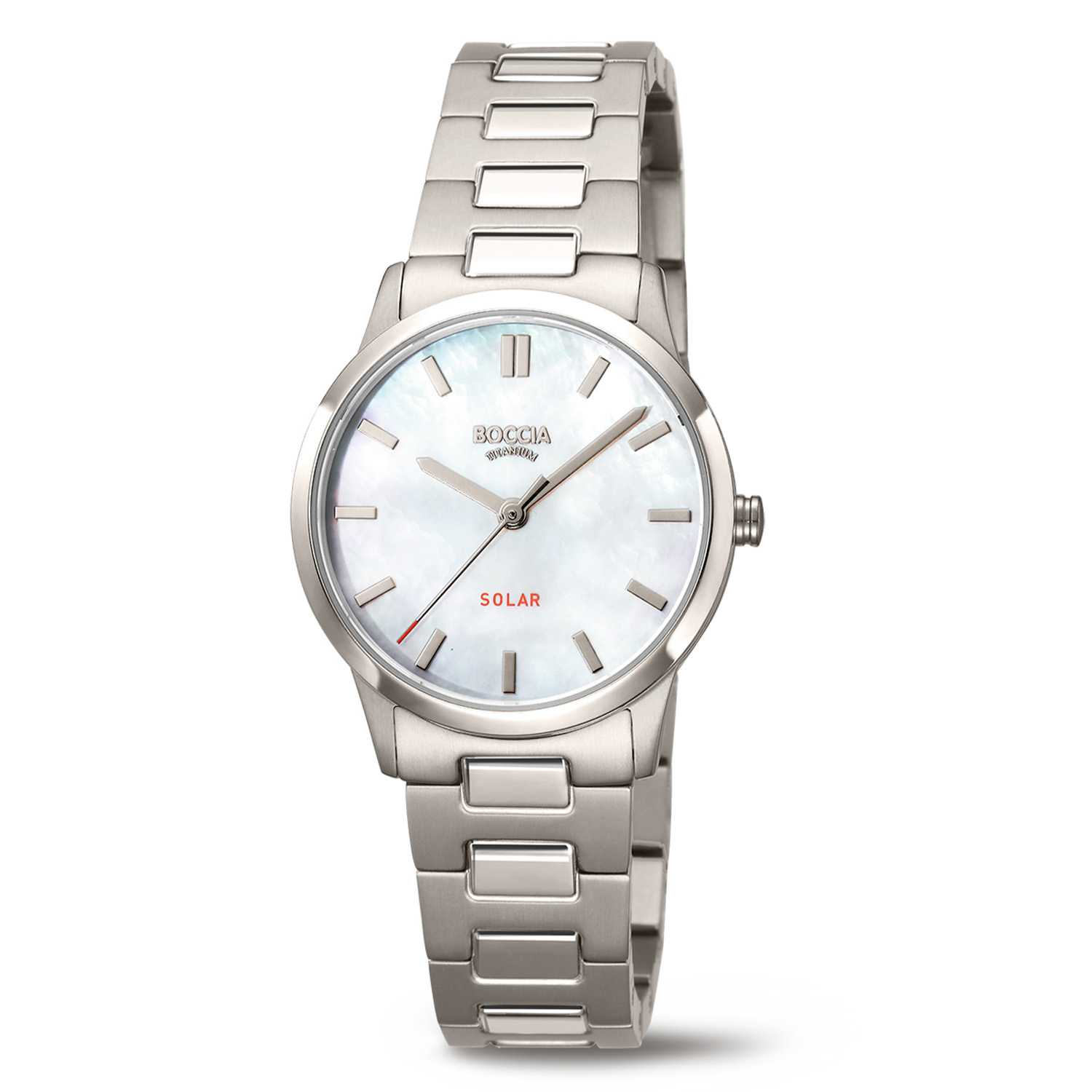 Boccia Titanium 3363-03 Dames Horloge Solar 30mm
Dit dameshorloge van Boccia heeft een sportieve en chique uitstraling. De 3363-03 heeft een ronde titanium horlogekast met een glanzende bezel en een parelmoer wijzerplaat. Wat dit model uitzonderlijk maakt is dat het een solar uurwerk heeft, dus het uurwerk wordt aangedreven door zonlicht dat via de wijzerplaat wordt opgenomen. Aan de titanium kast zit een mat glanzende titanium schakelband met een vouwsluiting. Het horloge heeft een mineraalglas, een doorsnee van 30mm en is 5ATM. Of je nu sportief of chique gekleed gaat, dit horloge past bij elke outfit en iedere gelegenheid!

HET MERK
Boccia Titanium is het titanium merk van Nederland, dat zijn oorsprong in Duitsland vindt en is opgericht in het jaar 1992. Ontwikkeld door internationale ontwerpers. Alle titanium componenten van de BOCCIA TITANIUM collectie zijn gemaakt van 99,7% puur titanium; het bijzondere materiaal. Het is licht in gewicht, neemt de temperatuur van de huid aan en is zeer huidvriendelijk. Bovendien is het corrosie- en temperatuurbestendig.

SPECIFICATIES
- Mineraalglas
- Solar uurwerk
- Ronde titanium horlogekast
- Titanium schakelband
- Parelmoer wijzerplaat 
- Ø 30mm
- 5ATM