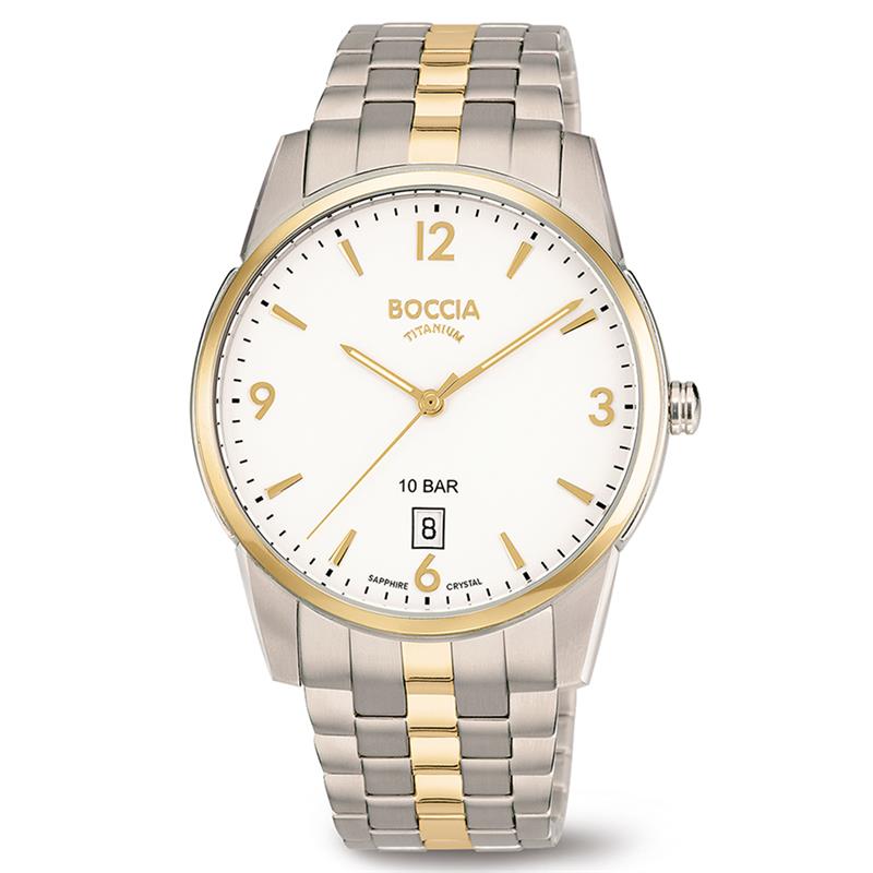 Boccia Titanium 3632-02
Dit herenhorloge van Boccia Titanium heeft een stoere uitstraling. De zilverkleurige titanium horlogekast met een goudkleurige bezel zorgt voor een stijlvolle look. Op de witte wijzerplaat zitten goudkleurige uurs-aanduidingen en een datum. Het horloge heeft een ronde kast met een diameter van 39mm, een saffierglas, en is 10ATM. Combineer dit prachtige exemplaar met de andere sieraden van Boccia Titanium voor een complete look. Aan de titanium kast zit een bi-color titanium schakel band. 

HET MERK
Boccia Titanium is het titanium merk van Nederland, dat zijn oorsprong in Duitsland vindt en is opgericht in het jaar 1992. Ontwikkeld door internationale ontwerpers. Alle titanium componenten van de BOCCIA TITANIUM collectie zijn gemaakt van 99,7% puur titanium; het bijzondere materiaal. Het is licht in gewicht, neemt de temperatuur van de huid aan en is zeer huidvriendelijk. Bovendien is het corrosie- en temperatuurbestendig.

SPECIFICATIES
- Saffierglas
- Ronde titanium horlogekast, &Oslash; 39mm
- Stalen bi-color schakel band
- Witte wijzerplaat
- 10ATM (Regen- & spatwaterdicht)