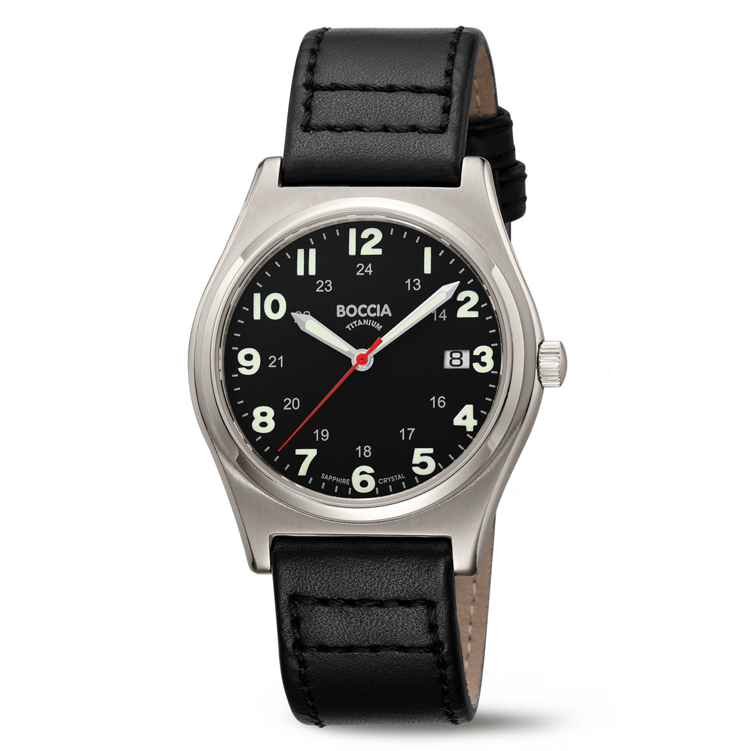Boccia Titanium 3674-01 Heren Horloge 39mm
Dit herenhorloge van Boccia heeft een nette uitstraling. De 3674-01 heeft een ronde titanium horlogekast met een glanzende bezel en een zwarte wijzerplaat met opvallende uursaanduiding door de lumibrite en een datum. Aan de titanium kast zit een zwarte lerenband met een gespsluiting. Het horloge heeft een doorsnee van 39mm, een saffierglas en is 5ATM. Of je nu sportief of chique gekleed gaat, dit horloge past bij elke outfit en iedere gelegenheid!

HET MERK
Boccia Titanium is het titanium merk van Nederland, dat zijn oorsprong in Duitsland vindt en is opgericht in het jaar 1992. Ontwikkeld door internationale ontwerpers. Alle titanium componenten van de BOCCIA TITANIUM collectie zijn gemaakt van 99,7% puur titanium; het bijzondere materiaal. Het is licht in gewicht, neemt de temperatuur van de huid aan en is zeer huidvriendelijk. Bovendien is het corrosie- en temperatuurbestendig.

SPECIFICATIES
- Saffierglas
- &Oslash; 39mm
- Ronde titanium horlogekast
- Zwarte lerenband
- Zwarte wijzerplaat 
- 5ATM