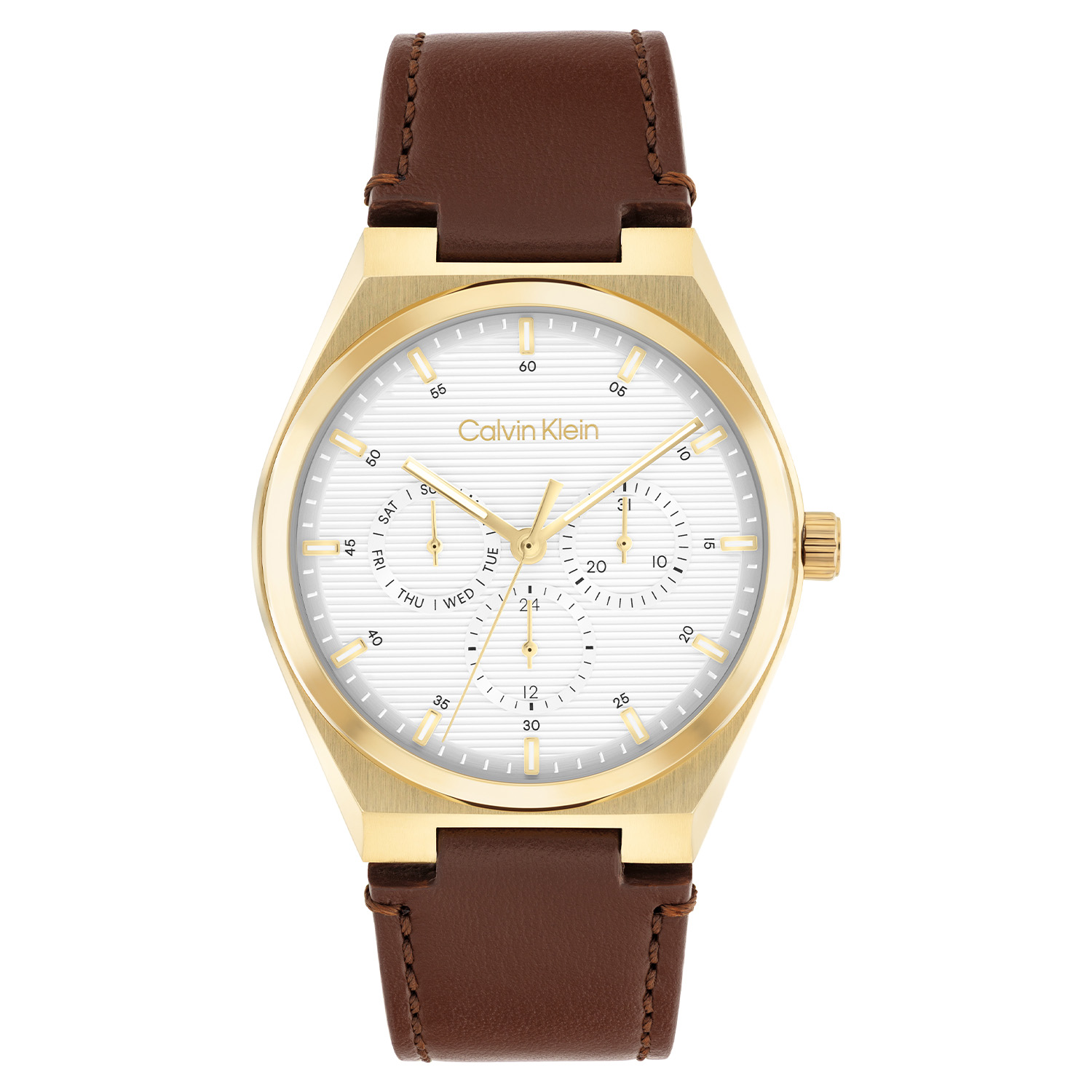 Calvin Klein CK25200523 Heren Horloge 39mm
Dit Calvin Klein herenhorloge met nr CK25200523 heeft een sportief uiterlijk. Het stalen goudkleurige horloge heeft een ronde kast met een gladde bezel en een bewerkte witte wijzerplaat met een dag, datum en 24-uursaanduiding. De fijne wijzers en de uurstrepen zijn ingelegd met lumibrite. Strak aan de kast zit een bruine lerenband met een gespsluiting. Het herenhorloge heeft een mineraalglas, een doorsnee van 39mm en is 3ATM.

OVER CALVIN KLEIN
Calvin Klein is een wereldwijd lifestylemerk dat gewaagde, vooruitstrevende idealen en een verleidelijke, vaak minimalistische, esthetiek nastreeft. Calvin Klein werd groot in de jaren 70 door haar mode- en merkjeans collecties. In de jaren 80 lanceerde Calvin Klein haar spraakmakende ondergoed dat uitdrukkelijk van logo &rsquo;s voorzien was. Vanwege het grote succes is het merk ook succesvol uitgerold in Accessoires, Parfums, Home, Brillen, Golf, Horloges en Sieraden.
Sinds de oprichting in 1968 door Calvin Klein, heeft het merk haar reputatie opgebouwd als leider in de Amerikaanse mode, dankzij een cleane esthetiek en innovatieve ontwerpen. Calvin Klein wil haar publiek verleiden en inspireren door middel van provocerende beelden en opvallende ontwerpen die prikkelen. 

SPECIFICATIES:
- Mineraalglas
- Stalen kast
- Witte wijzerplaat 
- Bruine lerenband
- Ronde kastvorm, &Oslash; 39mm
- 3ATM