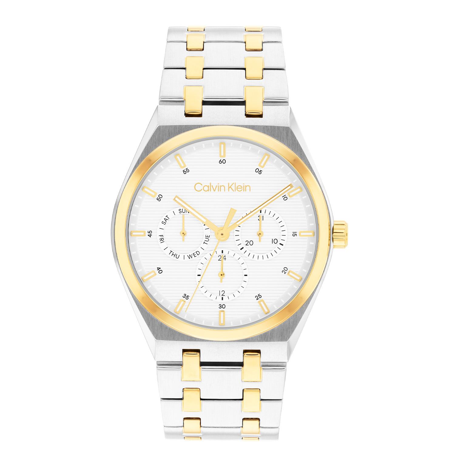 Calvin Klein CK25200533 Heren Horloge 39mm
Dit Calvin Klein herenhorloge met nr CK25200533 heeft een sportief uiterlijk. Het stalen bicolor horloge heeft een ronde kast met een gladde goudkleurige bezel en een bewerkte witte wijzerplaat met een dag, datum en 24-uursaanduiding. De fijne wijzers en de uurstrepen zijn ingelegd met lumibrite. Strak aan de kast zit een mat/ glanzende stalen bicolor schakelband met een vouwsluiting. Het herenhorloge heeft een mineraalglas, een doorsnee van 39mm en is 3ATM.

OVER CALVIN KLEIN
Calvin Klein is een wereldwijd lifestylemerk dat gewaagde, vooruitstrevende idealen en een verleidelijke, vaak minimalistische, esthetiek nastreeft. Calvin Klein werd groot in de jaren 70 door haar mode- en merkjeans collecties. In de jaren 80 lanceerde Calvin Klein haar spraakmakende ondergoed dat uitdrukkelijk van logo &rsquo;s voorzien was. Vanwege het grote succes is het merk ook succesvol uitgerold in Accessoires, Parfums, Home, Brillen, Golf, Horloges en Sieraden.
Sinds de oprichting in 1968 door Calvin Klein, heeft het merk haar reputatie opgebouwd als leider in de Amerikaanse mode, dankzij een cleane esthetiek en innovatieve ontwerpen. Calvin Klein wil haar publiek verleiden en inspireren door middel van provocerende beelden en opvallende ontwerpen die prikkelen. 

SPECIFICATIES:
- Mineraalglas
- Stalen kast
- Witte wijzerplaat 
- Stalen bicolor band
- Ronde kastvorm, &Oslash; 39mm
- 3ATM