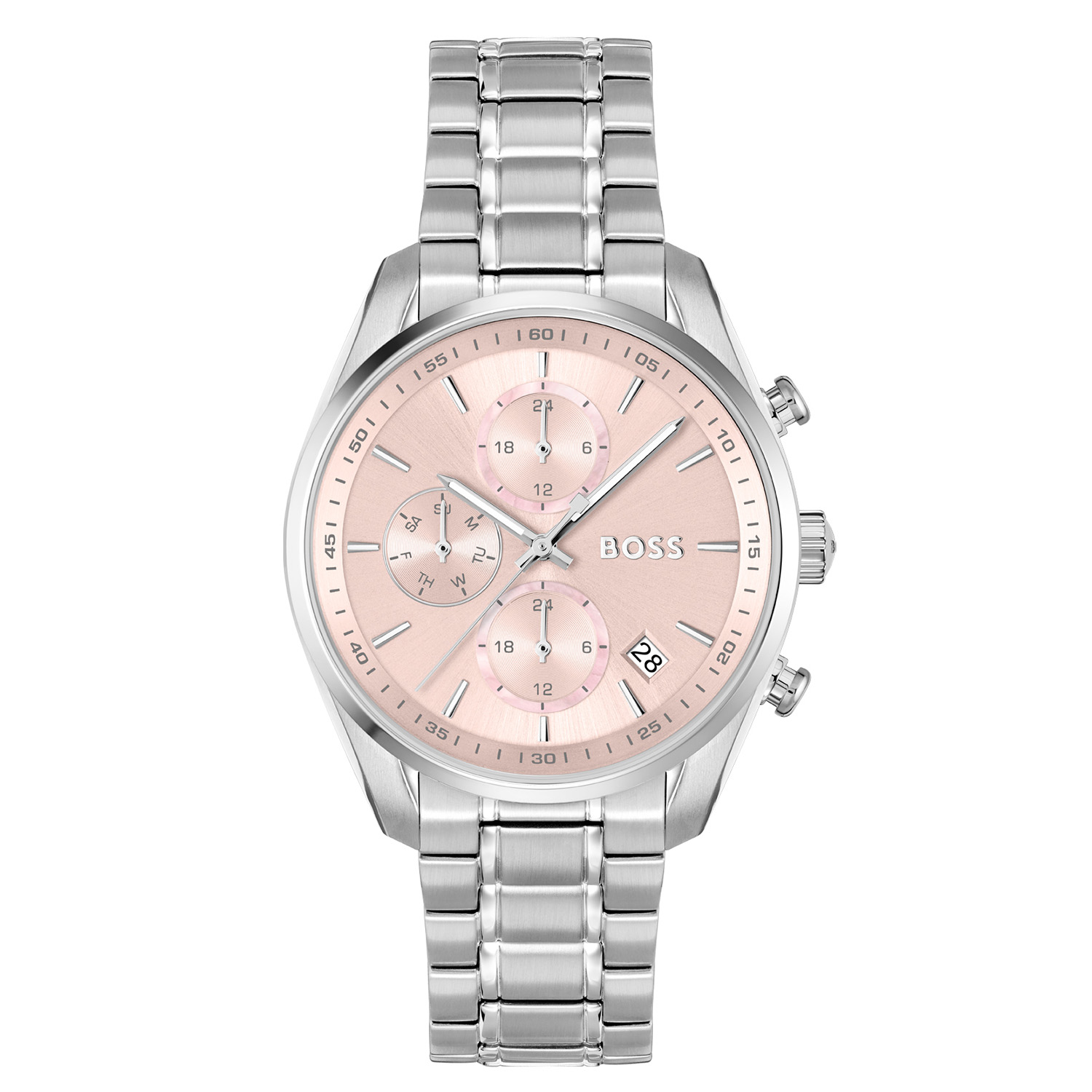 BOSS HB1502765 GRAND TOUR LADIES Dameshorloge 38mm 
Dit BOSS horloge uit de GRAND TOUR LADIES serie met artikelnr: HB1502765 heeft een luxe sportieve uitstraling. Zeer geschikt voor de moderne stijlvolle vrouw van nu. Het dameshorloge valt op door zijn stalen horlogekast met een gladde bezel en een roze sunray wijzerplaat met een dag, datum en 24-uursaanduiding. Opvallend zijn de fijne wijzers. Aan de kast zit een stalen mat glanzende schakelband met een vouwsluiting. Het horloge heeft een doorsnee van 38mm met een mineraalglas en is 3ATM. 

HET MERK:
HUGO BOSS is afgestemd op levensstijlen waar het gaat om kwaliteit en precisie. Het wereldwijde fashionlabel is verdeeld in twee merken: BOSS en HUGO. Het merk BOSS biedt geavanceerde, moderne horloges gericht op kwaliteit en design om een onberispelijke look te creëren – of het nu zakelijk, casual of sportief is. De horloge collectie van BOSS is perfect afgestemd op levensstijlen waar het gaat om kwaliteit en precisie. BOSS is op maat gemaakt in een onberispelijke stijl.

Blijf stijlvol bij de tijd. Voor de BOSS-vrouw is stijl het handelsmerk en draait alles om
details. Breng uw look naar een hoger niveau met onze nieuwe en kenmerkende horlogecollectie.

SPECIFICATIES:
- Mineraalglas
- Ronde kastvorm, Ø 38mm
- Stalen horlogekast
- Roze wijzerplaat
- Stalen schakelband
- 3ATM