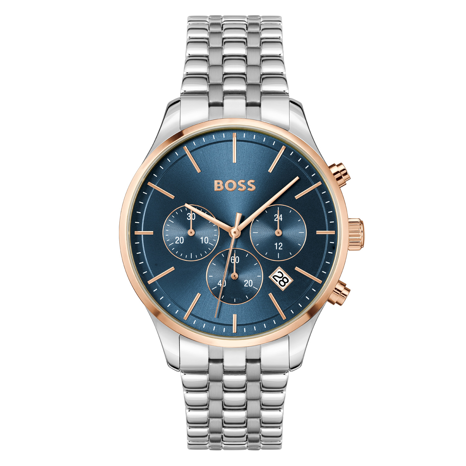 BOSS HB1514158 AVERY Herenhorloge 42mm 
Dit BOSS horloge uit de AVERY serie met artikelnr: HB1514158 heeft een nette sportieve uitstraling. Zeer geschikt voor de moderne stijlvolle man van nu. Het stalen herenhorloge valt op door zijn stalen horlogekast met een goudkleurige bezel en een blauwe sunray wijzerplaat met een chronograaf en datum. Opvallend zijn de fijne wijzers en fijne streepjes op de uren. Aan de kast zit een stalen schakelband met vouwsluiting. De kast van het horloge heeft een doorsnee van 42mm met mineraalglas en is 5ATM. 

HET MERK:
HUGO BOSS is afgestemd op levensstijlen waar het gaat om kwaliteit en precisie. Het wereldwijde fashionlabel is verdeeld in twee merken: BOSS en HUGO. Het merk BOSS biedt geavanceerde, moderne horloges gericht op kwaliteit en design om een onberispelijke look te creëren – of het nu zakelijk, casual of sportief is. De horloge collectie van BOSS is perfect afgestemd op levensstijlen waar het gaat om kwaliteit en precisie. BOSS is op maat gemaakt in een onberispelijke stijl.

Blijf stijlvol bij de tijd. Voor de BOSS-vrouw is stijl het handelsmerk en draait alles om
details. Breng uw look naar een hoger niveau met onze nieuwe en kenmerkende horlogecollectie.

SPECIFICATIES:
- Mineraalglas
- Ronde kastvorm, Ø 42mm
- Stalen horlogekast
- Blauwe wijzerplaat
- Stalen schakelband