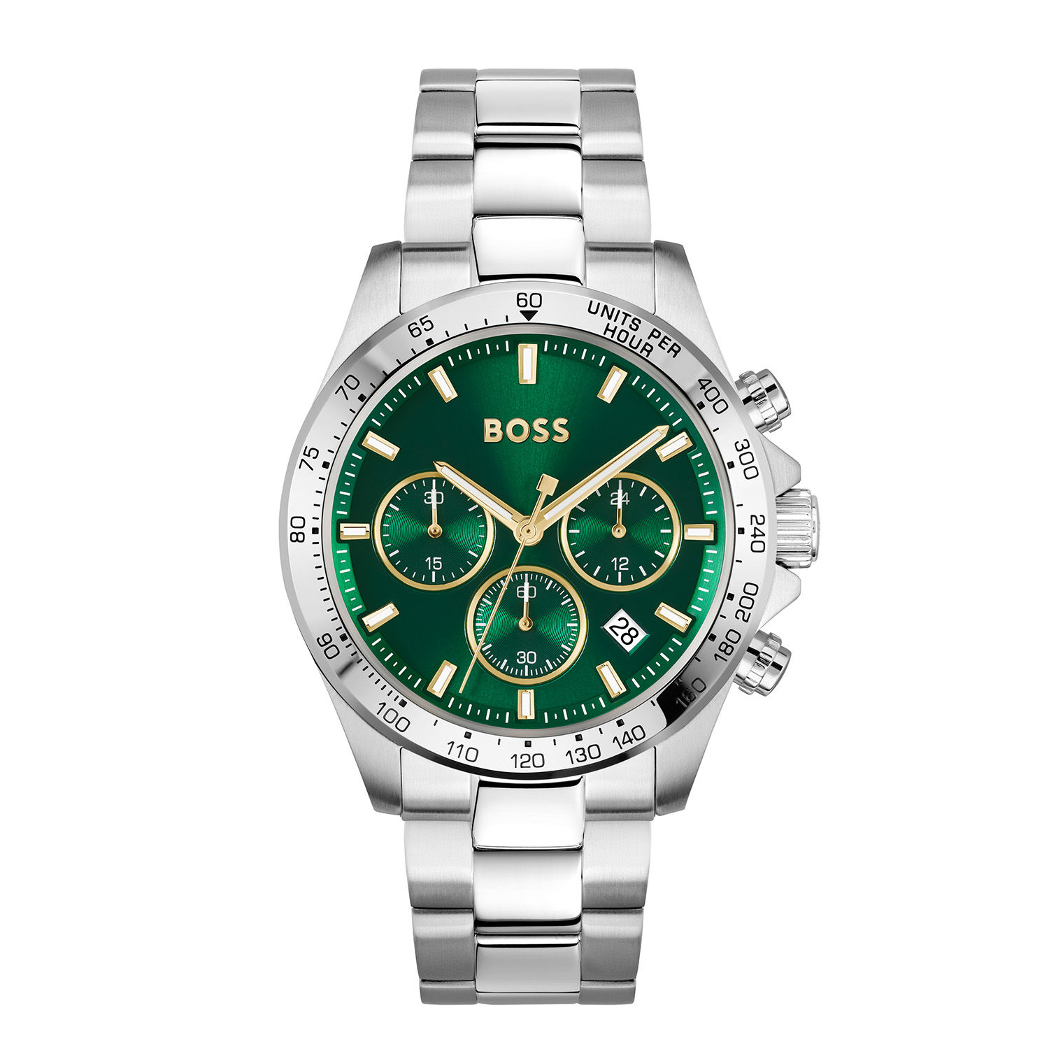 BOSS HB1514273 HERO Herenhorloge 43mm 
Dit BOSS horloge uit de HERO serie met artikelnr: HB1514217 heeft een stoere sportieve uitstraling. Zeer geschikt voor de moderne stijlvolle man van nu. Het herenhorloge valt op door zijn stalen horlogekast met een bedrukte bezel en een groene sunray wijzerplaat met BOSS logo, chronograaf en een datum. Opvallend zijn de wijzers die met lumibrite zijn ingelegd. Aan de kast zit een stalen mat glanzende schakelband met een vouwsluiting. Het horloge heeft een doorsnee van 43mm met een mineraalglas en is 5ATM. 

HET MERK:
HUGO BOSS is afgestemd op levensstijlen waar het gaat om kwaliteit en precisie. Het wereldwijde fashionlabel is verdeeld in twee merken: BOSS en HUGO. Het merk BOSS biedt geavanceerde, moderne horloges gericht op kwaliteit en design om een onberispelijke look te creëren – of het nu zakelijk, casual of sportief is. De horloge collectie van BOSS is perfect afgestemd op levensstijlen waar het gaat om kwaliteit en precisie. BOSS is op maat gemaakt in een onberispelijke stijl.

Blijf stijlvol bij de tijd. Voor de BOSS-vrouw is stijl het handelsmerk en draait alles om
details. Breng uw look naar een hoger niveau met onze nieuwe en kenmerkende horlogecollectie.

SPECIFICATIES:
- Mineraalglas
- Ronde kastvorm, Ø 43mm
- Stalen horlogekast
- Groene wijzerplaat
- Stalen schakelband
- 5ATM