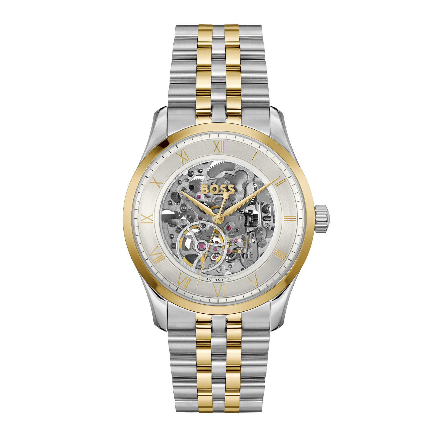 BOSS is voor degenen die een zelfbepaald leven leiden met stijl, passie en doel.

BOSS HB1514237 PRINCIPE SKELETON Herenhorloge automaat 41mm
Dit BOSS horloge uit de PRINCIPE SKELETON serie met artikelnr: HB1514237 heeft een luxe uitstraling. Zeer geschikt voor de moderne stijlvolle man van nu. Het herenhorloge valt op door zijn stalen horlogekast met een gladde goudkleurige bezel en een opengewerkte wijzerplaat met alleen een zilverwitte buitenrand met romeinse cijfers en verfijnde wijzers. Opvallend is het automatische uurwerk dat zowel voor als achter te zien is. Aan de kast zit een stalen bicolor schakelband met een vouwsluiting. Het horloge heeft een doorsnee van 41mm met een mineraalglas en is 3ATM. 

HET MERK:
HUGO BOSS is afgestemd op levensstijlen waar het gaat om kwaliteit en precisie. Het wereldwijde fashionlabel is verdeeld in twee merken: BOSS en HUGO. Het merk BOSS biedt geavanceerde, moderne horloges gericht op kwaliteit en design om een onberispelijke look te cre&euml;ren &ndash; of het nu zakelijk, casual of sportief is. De horloge collectie van BOSS is perfect afgestemd op levensstijlen waar het gaat om kwaliteit en precisie. BOSS is op maat gemaakt in een onberispelijke stijl.

Blijf stijlvol bij de tijd. Voor de BOSS-vrouw is stijl het handelsmerk en draait alles om
details. Breng uw look naar een hoger niveau met onze nieuwe en kenmerkende horlogecollectie.

SPECIFICATIES:
- Automatisch uurwerk
- Mineraalglas
- Ronde kastvorm, &Oslash; 41mm
- Stalen horlogekast
- Zilverwitte wijzerplaat
- Stalen schakelband
- 3ATM