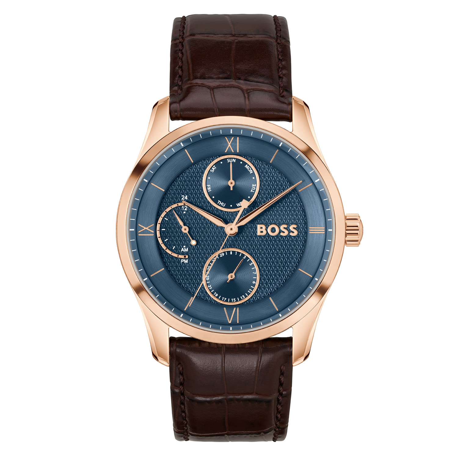 BOSS HB1514273 PRINCIPLE MASTER Herenhorloge 41mm
Dit BOSS horloge uit de PRINCIPLE MASTER serie met artikelnr: HB1514273 heeft een stijlvolle uitstraling. Net als principes die de basis van karakter vormen, is onze PRINCIPLE-collectie het juiste voorbeeld van verfijnde stijl. De tijdloze ontwerpen zorgen ervoor dat het elke
garderobe aanvult en dient als een betrouwbaar en stijlvol accessoire voor elke gelegenheid. Dit herenhorloge valt op door zijn stalen rond gevormde rosékleurige horlogekast met zijn fijn bewerkte blauwe wijzerplaat met een dag, datum en 24-uursaanduiding. Opvallend zijn de sierlijke wijzers en deels romeinse becijfering. Aan de kast zit een bruine lerenband met een gespsluiting. Het horloge heeft een doorsnee van 41mm met een mineraalglas en is 5ATM. 

HET MERK:
HUGO BOSS is afgestemd op levensstijlen waar het gaat om kwaliteit en precisie. Het wereldwijde fashionlabel is verdeeld in twee merken: BOSS en HUGO. Het merk BOSS biedt geavanceerde, moderne horloges gericht op kwaliteit en design om een onberispelijke look te creëren – of het nu zakelijk, casual of sportief is. De horloge collectie van BOSS is perfect afgestemd op levensstijlen waar het gaat om kwaliteit en precisie. BOSS is op maat gemaakt in een onberispelijke stijl.

Blijf stijlvol bij de tijd. Voor de BOSS-vrouw is stijl het handelsmerk en draait alles om
details. Breng uw look naar een hoger niveau met onze nieuwe en kenmerkende horlogecollectie.

SPECIFICATIES:
- Mineraalglas
- Ronde kastvorm, Ø 41mm
- Stalen rosékleurige horlogekast
- Blauwe wijzerplaat
- Bruine lerenband
- Dag, datum en 24-uursaanduiding
- 5ATM