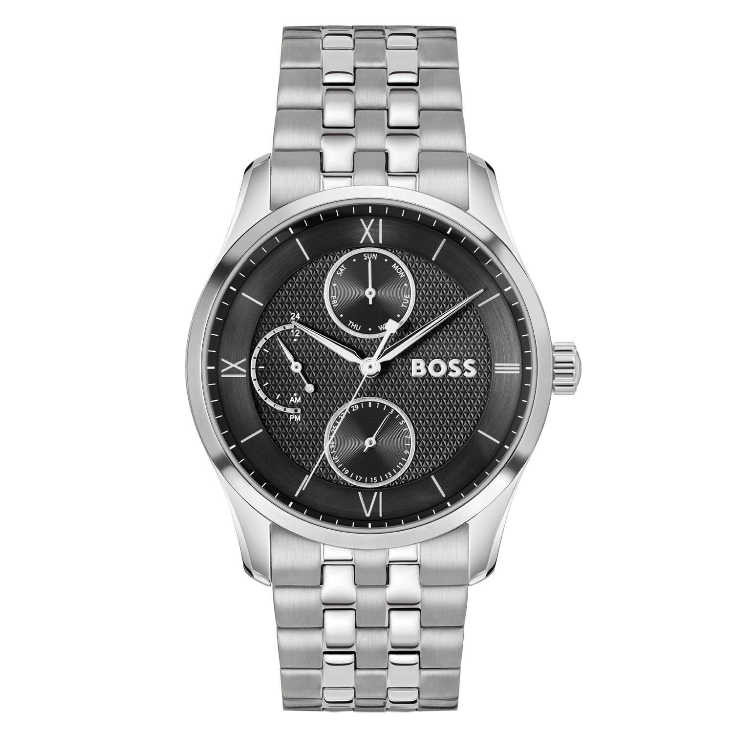 BOSS HB1514274 PRINCIPLE MASTER Herenhorloge 41mm
Dit BOSS horloge uit de PRINCIPLE MASTER serie met artikelnr: HB1514274 heeft een stijlvolle uitstraling. Net als principes die de basis van karakter vormen, is onze PRINCIPLE-collectie het juiste voorbeeld van verfijnde stijl. De tijdloze ontwerpen zorgen ervoor dat het elke
garderobe aanvult en dient als een betrouwbaar en stijlvol accessoire voor elke gelegenheid. Dit herenhorloge valt op door zijn stalen rond gevormde horlogekast met zijn fijn bewerkte zwarte wijzerplaat met een dag, datum en 24-uursaanduiding. Opvallend zijn de sierlijke wijzers en deels romeinse becijfering. Aan de kast zit een stalen schakelband met een vouwsluiting. Het horloge heeft een doorsnee van 41mm met een mineraalglas en is 5ATM. 

HET MERK:
HUGO BOSS is afgestemd op levensstijlen waar het gaat om kwaliteit en precisie. Het wereldwijde fashionlabel is verdeeld in twee merken: BOSS en HUGO. Het merk BOSS biedt geavanceerde, moderne horloges gericht op kwaliteit en design om een onberispelijke look te cre&euml;ren &ndash; of het nu zakelijk, casual of sportief is. De horloge collectie van BOSS is perfect afgestemd op levensstijlen waar het gaat om kwaliteit en precisie. BOSS is op maat gemaakt in een onberispelijke stijl.

Blijf stijlvol bij de tijd. Voor de BOSS-vrouw is stijl het handelsmerk en draait alles om
details. Breng uw look naar een hoger niveau met onze nieuwe en kenmerkende horlogecollectie.

SPECIFICATIES:
- Mineraalglas
- Ronde kastvorm, &Oslash; 41mm
- Stalen horlogekast
- Zwarte wijzerplaat
- Stalen schakelband
- Dag, datum en 24-uursaanduiding
- 5ATM