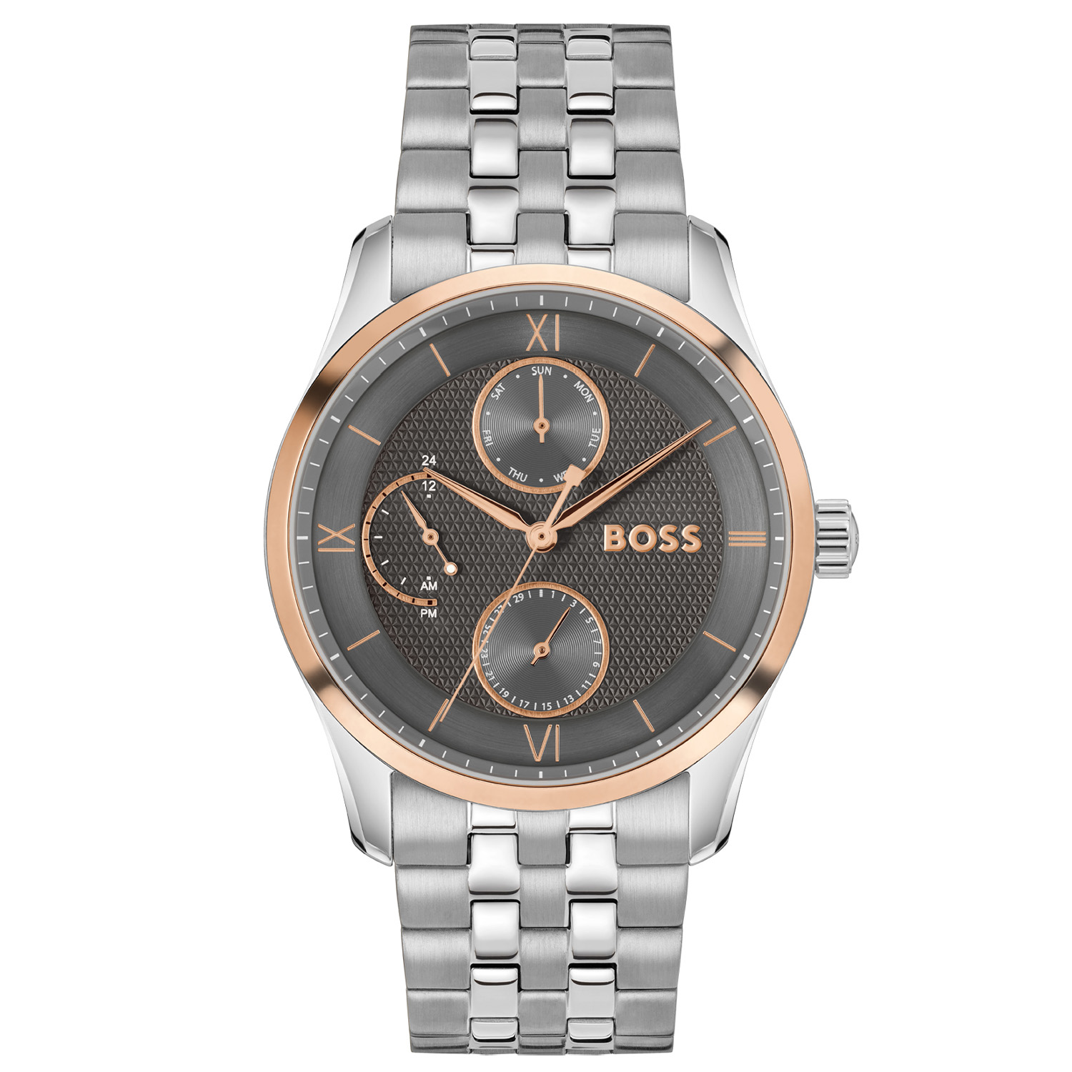 BOSS HB1514275 PRINCIPLE MASTER Herenhorloge 41mm
Dit BOSS horloge uit de PRINCIPLE MASTER serie met artikelnr: HB1514275 heeft een stijlvolle uitstraling. Net als principes die de basis van karakter vormen, is onze PRINCIPLE-collectie het juiste voorbeeld van verfijnde stijl. De tijdloze ontwerpen zorgen ervoor dat het elke
garderobe aanvult en dient als een betrouwbaar en stijlvol accessoire voor elke gelegenheid. Dit herenhorloge valt op door zijn stalen rond gevormde horlogekast met zijn rosékleurige bezel en fijn bewerkte grijze wijzerplaat met een dag, datum en 24-uursaanduiding. Opvallend zijn de sierlijke wijzers en deels romeinse becijfering. Aan de kast zit een stalen schakelband met een vouwsluiting. Het horloge heeft een doorsnee van 41mm met een mineraalglas en is 5ATM. 

HET MERK:
HUGO BOSS is afgestemd op levensstijlen waar het gaat om kwaliteit en precisie. Het wereldwijde fashionlabel is verdeeld in twee merken: BOSS en HUGO. Het merk BOSS biedt geavanceerde, moderne horloges gericht op kwaliteit en design om een onberispelijke look te creëren – of het nu zakelijk, casual of sportief is. De horloge collectie van BOSS is perfect afgestemd op levensstijlen waar het gaat om kwaliteit en precisie. BOSS is op maat gemaakt in een onberispelijke stijl.

Blijf stijlvol bij de tijd. Voor de BOSS-vrouw is stijl het handelsmerk en draait alles om
details. Breng uw look naar een hoger niveau met onze nieuwe en kenmerkende horlogecollectie.

SPECIFICATIES:
- Mineraalglas
- Ronde kastvorm, Ø 41mm
- Stalen horlogekast
- Grijze wijzerplaat
- Stalen schakelband
- Dag, datum en 24-uursaanduiding
- 5ATM