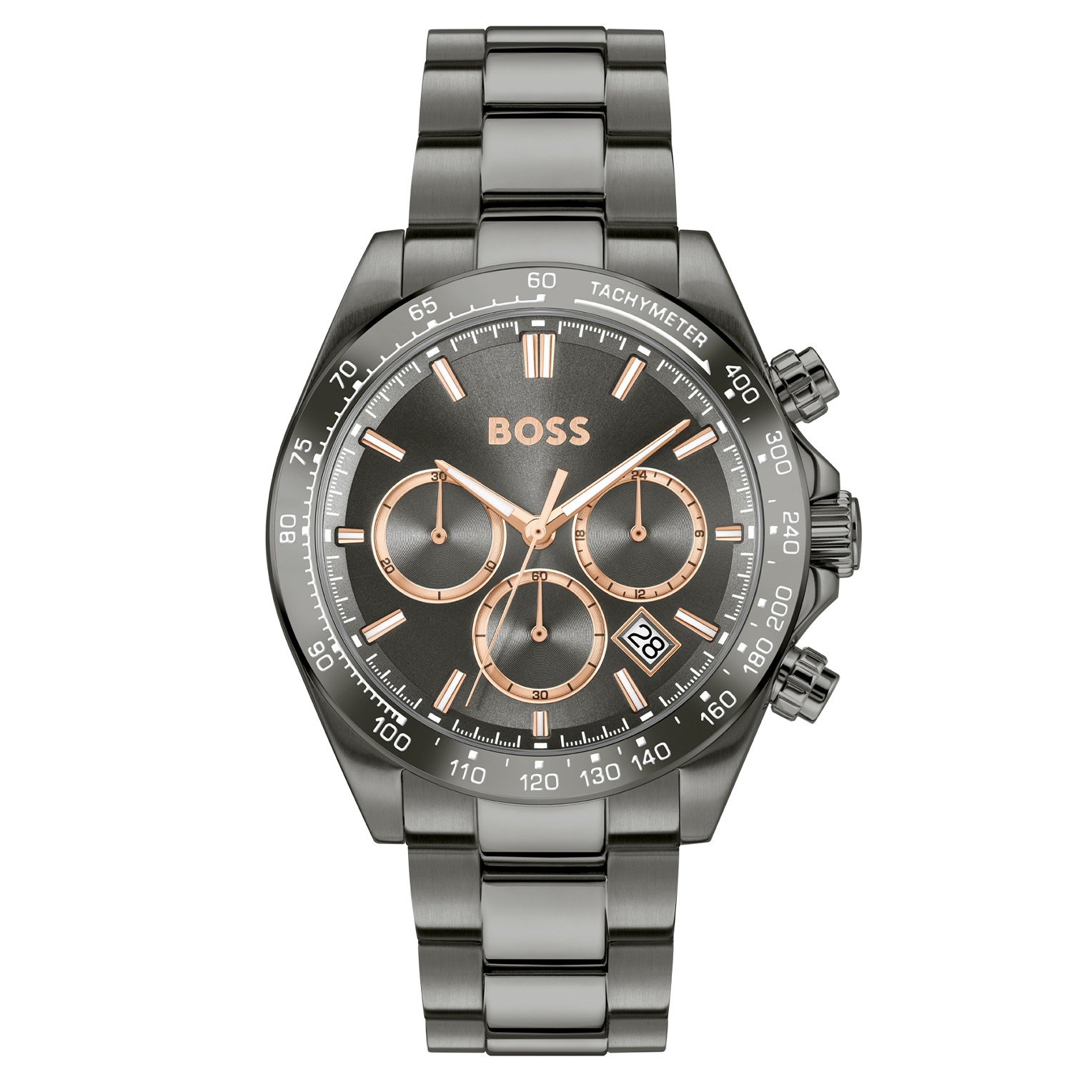 BOSS HB1514299 HERO 2.0 Herenhorloge 43mm
Dit BOSS horloge uit de HERO 2.0 serie met artikelnr: HB1514299 heeft een sportieve uitstraling. Het gaat niet alleen om de tijd, maar ook om elk moment te grijpen en er je eigen draai aan te geven. Wees je eigen baas, bepaal je eigen tempo en ga ervoor. Het herenhorloge valt op door zijn stalen gunmetal horlogekast met een gunmetal bezel met een tachymeter en zijn gunmetal sunray wijzerplaat met een chronograaf en een datum. Opvallend zijn de wijzers en de strepen die met lumibrite zijn ingelegd. Aan de kast zit een strakke gunmetal schakelband met vouwsluiting. Het horloge heeft een doorsnee van 43mm met een mineraalglas en is 5ATM. 

HET MERK:
HUGO BOSS is afgestemd op levensstijlen waar het gaat om kwaliteit en precisie. Het wereldwijde fashionlabel is verdeeld in twee merken: BOSS en HUGO. Het merk BOSS biedt geavanceerde, moderne horloges gericht op kwaliteit en design om een onberispelijke look te creëren – of het nu zakelijk, casual of sportief is. De horloge collectie van BOSS is perfect afgestemd op levensstijlen waar het gaat om kwaliteit en precisie. BOSS is op maat gemaakt in een onberispelijke stijl.

Blijf stijlvol bij de tijd. Voor de BOSS-vrouw is stijl het handelsmerk en draait alles om
details. Breng uw look naar een hoger niveau met onze nieuwe en kenmerkende horlogecollectie.

SPECIFICATIES:
- Mineraalglas
- Ronde kastvorm, Ø 43mm
- Stalen gunmetal horlogekast
- Gunmetal wijzerplaat
- Stalen gunmetal schakelband
- Chronograaf en datum
- 5ATM