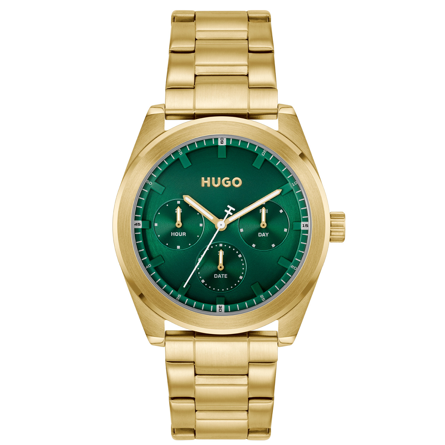 HUGO HU1530425 #BRIGHT SPORT 42mm
Dit HUGO horloge uit de BRIGHT SPORT serie met artikelnr. HU1530425 is ontworpen voor de man die zijn stijl gebruikt om zijn unieke persoonlijkheid uit te drukken. Het herenhorloge kenmerkt zich door zijn ronde stalen goudkleurige horlogekast. Het ontwerp is opvallend vanwege zijn stoere 'kijk mij nou eens' uitstaling en de wijzers met lumibrite op de groene geborstelde wijzerplaat. Het herenhorloge heeft een dag,- datum,- en 24-uursaanduiding. Aan de kast zit een stalen strak ogende goudkleurige schakelband met een vouwsluiting. Het sportief stoer ogende herenhorloge heeft een mineraalglas, een doorsnee van 42mm en is 5ATM.

HET MERK:
HUGO BOSS is afgestemd op levensstijlen waar het gaat om kwaliteit en precisie. Het wereldwijde fashionlabel is verdeeld in twee merken: BOSS en HUGO. Het merk HUGO presenteert eigentijdse en vooruitstrevende designs volgens de laatste fashion trends waarmee mensen worden gestimuleerd om zichzelf te zijn. Scherp maatwerk en casual horloges gecombineerd met een progressieve attitude. HUGO horloges zijn er voor de urban en ruimdenkende man die de leiding durft te nemen. De enige regel van de HUGO-man als het om stijl gaat: zijn authentieke zelf en niets anders.

Maak kennis met de nieuwe horlogecollectie van HUGO.

SPECIFICATIES:
- Mineraalglas
- Ronde kastvorm, Ø 42mm
- Stalen goudkleurige horlogekast
- Groene wijzerplaat
- Stalen goudkleurige schakelband
- 5ATM