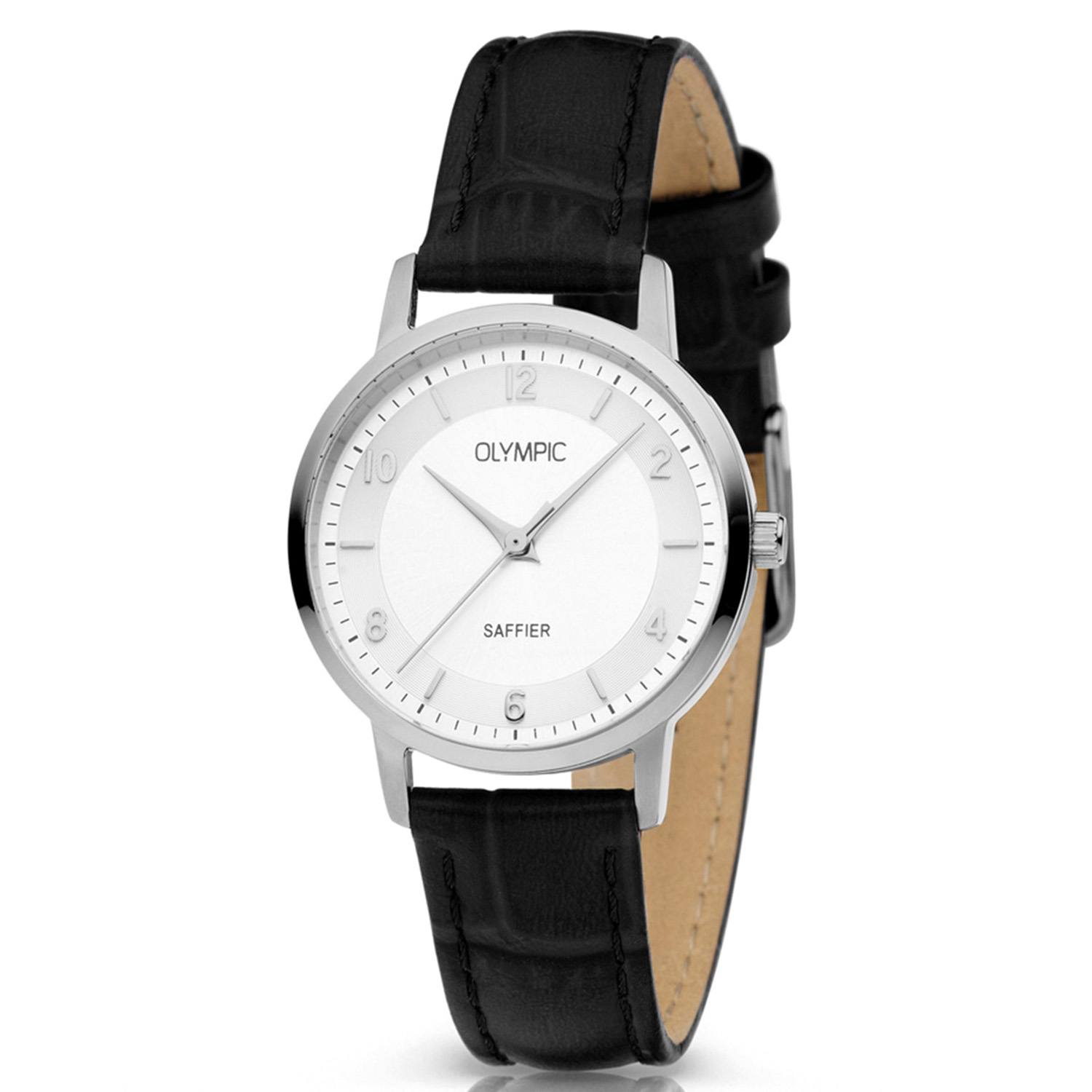 Olympic OL26DSL048 EMMA Horloge - Leer - Zilver - 29mm   
Dit unieke Olympic horloge met artikelnummer: OL26DSL048 is een stijlvol dameshorloge en heeft een klassieke uitstraling. De stalen kast heeft een zilverkleurige wijzerplaat met wisselend arabische cijfers en streepjes als uurs- aanduiding. Aan het horloge zit een zwart leren crocoprint band met een zilverkleurige gesp. Het horloge heeft een saffierglas, een doorsnee van 29mm en is 5 ATM.

Waterdichtheid 5 ATM
Dit horloge is bestand tegen water bij het zwemmen en douchen. Dit horloge is niet bestand tegen (grote) waterdruk dus je kunt er niet mee duiken.

Het merk:
Het Nederlandse horlogemerk Olympic levert stoere chronografen, slimline series, digitale uurwerken en elegante dameshorloges. De prijs-kwaliteitverhouding staat bij Olympic hoog in het vaandel met prijzen die uiteenlopen van &euro; 34,95 tot en met &euro; 149,00.

100% Nederlands ontwerp, waterdicht en standaard 3 jaar fabrieksgarantie.

Specificaties:
- Ronde kast &Oslash; 29mm
- Zilverkleurige stalen horlogekast
- Zilverkleurige wijzerplaat
- Zwarte leren band
- 5 ATM (Regen- & spatwaterdicht)
- Standaard 3 jaar fabrieksgarantie
- Saffierglas