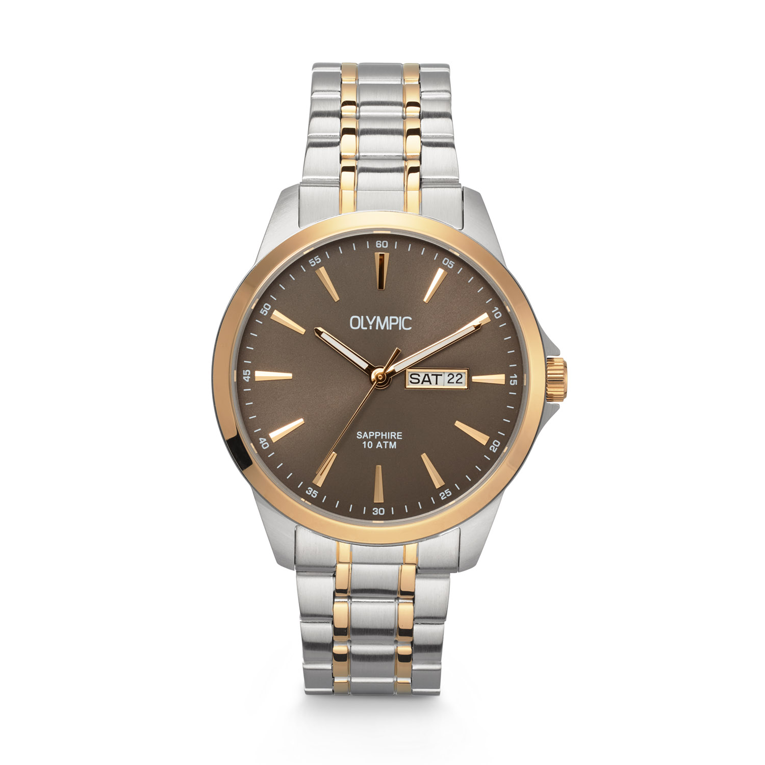 Olympic OL26HSS322B Horloge Staal 41mm 
Dit unieke Olympic horloge met artikelnummer: OL26HSS321B is een herenhorloge met een classic sportieve uitstraling. Het horloge heeft een ronde stalen kast met een goudkleurige bezel en een grijsbruine wijzerplaat met goudkleurige uurstrepen en lumibrite op de goudkleurige wijzers. Aan de kast zit een stalen mat glanzende bicolor schakelband met vouwsluiting. Het horloge heeft een saffierglas, een doorsnee van 41mm en is 10ATM. Handig met dag en datum.

