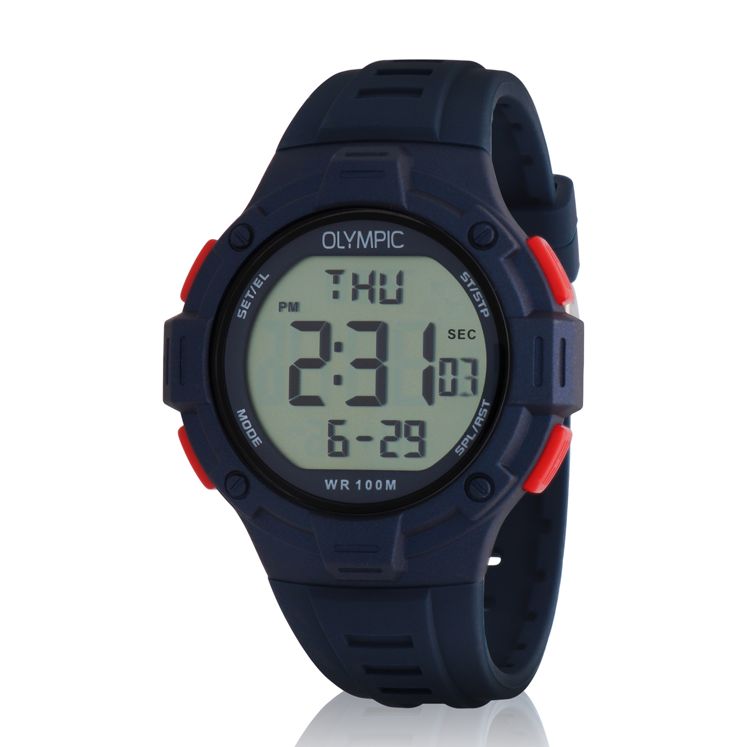 Olympic OL45HKR020 Digital Horloge Kids Blw/Rood 42mm Dit unieke Olympic horloge met artikelnummer: OL45HKR020 is een digitaal kinder horloge met een sportieve uitstraling. De kunststof kast heeft 4 drukknoppen waarmee je de verschillende functies kan bedienen. De horloges zijn in verschillende kleur samenstellingen en verschillende grootte te krijgen. Het horloge heeft tijd,- datum,- dag,- aanduiding. Ook heeft het een timer, alarm en stopwatch functie. Dit geeft het horloge vele mogelijkheden. Aan de kast zit een gelijk gekleurde siliconen band met een gespsluiting. Het horloge heeft een kunststofglas, een doorsnee van 42mm en is 10ATM. Waterdichtheid 10ATM Dit horloge is bestand tegen water bij het zwemmen en douchen. Dit horloge is niet bestand tegen (grote) waterdruk dus je kunt er niet mee duiken. Het merk: Het Nederlandse horlogemerk Olympic levert stoere chronografen, slimline series, digitale uurwerken en elegante dameshorloges. De prijs-kwaliteitverhouding staat bij Olympic hoog in het vaandel met prijzen die uiteenlopen van &euro; 34,95 tot en met &euro; 159,00. 100% Nederlands ontwerp, waterdicht en standaard 3 jaar fabrieksgarantie. Specificaties: - Ronde kast &Oslash; 42mm - Digitaal uurwerk - Siliconen band - Blauw - 10ATM - Standaard 3 jaar fabrieksgarantie - Kunststofglas
