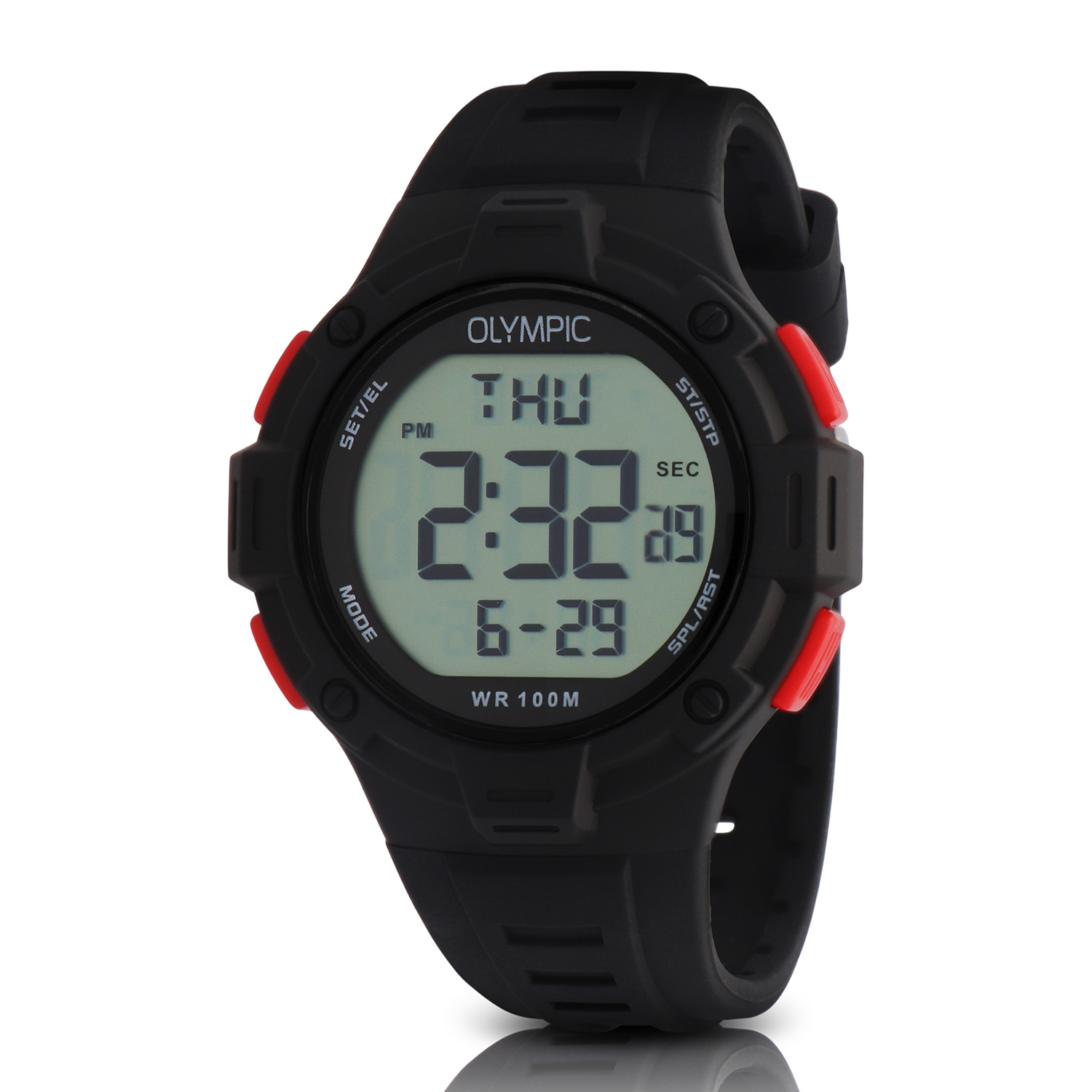 Olympic OL45HKR021 Digital Horloge Kids Zwa/Rood 42mm Dit unieke Olympic horloge met artikelnummer: OL45HKR021 is een digitaal kinder horloge met een sportieve uitstraling. De kunststof kast heeft 4 drukknoppen waarmee je de verschillende functies kan bedienen. De horloges zijn in verschillende kleur samenstellingen en verschillende grootte te krijgen. Het horloge heeft tijd,- datum,- dag,- aanduiding. Ook heeft het een timer, alarm en stopwatch functie. Dit geeft het horloge vele mogelijkheden. Aan de kast zit een gelijk gekleurde siliconen band met een gespsluiting. Het horloge heeft een kunststofglas, een doorsnee van 42mm en is 10ATM. Waterdichtheid 10ATM Dit horloge is bestand tegen water bij het zwemmen en douchen. Dit horloge is niet bestand tegen (grote) waterdruk dus je kunt er niet mee duiken. Het merk: Het Nederlandse horlogemerk Olympic levert stoere chronografen, slimline series, digitale uurwerken en elegante dameshorloges. De prijs-kwaliteitverhouding staat bij Olympic hoog in het vaandel met prijzen die uiteenlopen van &euro; 34,95 tot en met &euro; 159,00. 100% Nederlands ontwerp, waterdicht en standaard 3 jaar fabrieksgarantie. Specificaties: - Ronde kast &Oslash; 42mm - Digitaal uurwerk - Siliconen band - Zwart - 10ATM - Standaard 3 jaar fabrieksgarantie - Kunststofglas