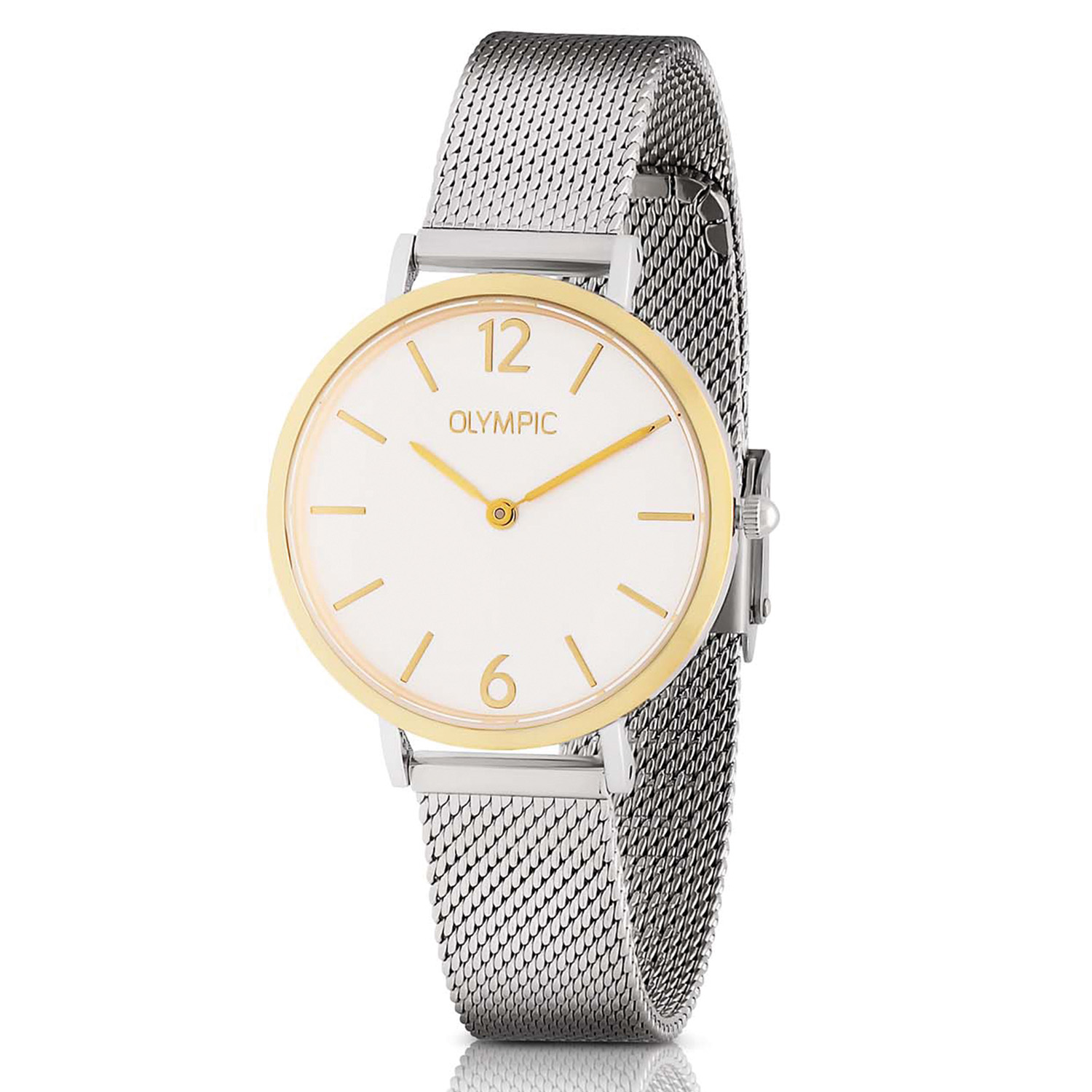 Olympic OL66DSS019B SANNE Horloge - Staal - Staal- Bicolor - 32mm 
Dit unieke Olympic horloge met artikelnummer: OL66DSS019B is een stijlvol dameshorloge. De stalen kast heeft een gladde goudkleurige bezel en een witte wijzerplaat. De uursaanduiding is verfijnd door de strakke wijzers en streepjes en de arabische 12 en 6 cijfers. Dit geeft het horloge een chique uiterlijk. Aan de stalen kast zit een zilverkleurige milanese band met een druksluiting. Het horloge heeft een mineraalglas, een doorsnede van 32mm en is 3ATM.

Waterdichtheid 10ATM
Dit horloge is bestand tegen water bij het zwemmen en douchen. Dit horloge is niet bestand tegen (grote) waterdruk dus je kunt er niet mee duiken.
Waterdichtheid  5ATM
Dit horloge is regen en spatwaterdicht. Niet geschikt om mee te zwemmen en douchen.
Waterdichtheid 3ATM
Dit horloge is spatwaterdicht. Niet geschikt om mee te zwemmen en douchen.

Het merk:
Het Nederlandse horlogemerk Olympic levert stoere chronografen, slimline series, digitale uurwerken en elegante dameshorloges. De prijs-kwaliteitverhouding staat bij Olympic hoog in het vaandel met prijzen die uiteenlopen van &euro; 34,95 tot en met &euro; 159,00.

100% Nederlands ontwerp, waterdicht en standaard 3 jaar fabrieksgarantie.

Specificaties:
- Ronde kast 32mm
- Stalen horlogekast
- Witte wijzerplaat
- Zilverkleurige milanese band
- 3ATM 
- Standaard 3 jaar fabrieksgarantie
- Mineraalglas