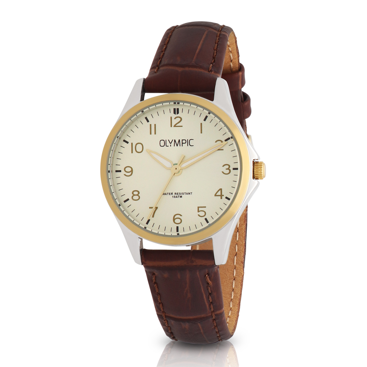 Olympic OL72DSL048B Robin Horloge Dames Leer 29mm 
Dit unieke Olympic horloge met artikelnummer: OL72DSL048B is een dames horloge met een classic uitstraling. De stalen kast heeft een gladde goudkleurige bezel en een zilverwitte wijzerplaat. De uursaanduiding is opvallend door de Arabische cijfers en de sierlijke wijzers. Dit geeft het horloge een chique uiterlijk. Aan de stalen kast zit een bruine leren band met een gespsluiting. Het horloge heeft een mineraalglas, een doorsnee van 29mm en is 10ATM.

Waterdichtheid 10ATM
Dit horloge is bestand tegen water bij het zwemmen en douchen. Dit horloge is niet bestand tegen (grote) waterdruk dus je kunt er niet mee duiken.

Het merk:
Het Nederlandse horlogemerk Olympic levert stoere chronografen, slimline series, digitale uurwerken en elegante dameshorloges. De prijs-kwaliteitverhouding staat bij Olympic hoog in het vaandel met prijzen die uiteenlopen van &euro; 34,95 tot en met &euro; 159,00.

100% Nederlands ontwerp, waterdicht en standaard 3 jaar fabrieksgarantie.

Specificaties:
- Ronde kast &Oslash; 29mm
- Stalen horlogekast
- Zilverwitte wijzerplaat
- Bruine leren band
- 10ATM 
- Standaard 3 jaar fabrieksgarantie
- Mineraalglas