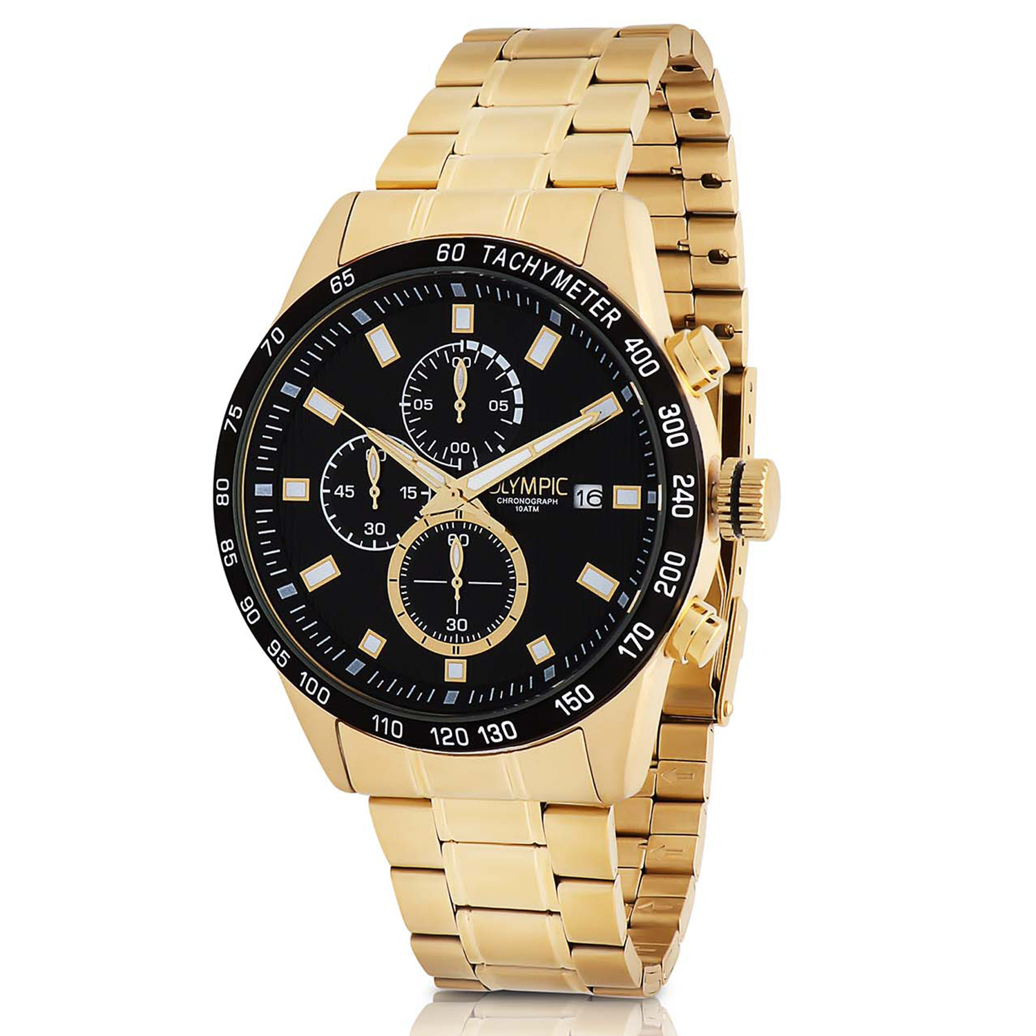 Olympic OL72HDD009 MAX Horloge - Bouble -Bracelet - Zwart - 44mm 
Dit unieke Olympic horloge met artikelnummer: OL72HDD009 is een herenhorloge met chronograaf en heeft een sportieve uitstraling. De stalen goudkleurige kast heeft een zwarte bezel met een tachymeter en een zwarte wijzerplaat met een datum en chronograaf. De uursaanduiding is opvallend door de lumibrite strepen en wijzers. De goudkleurige accenten geven het horloge een chique uiterlijk. Aan de stalen kast zit een goudkleurige stalen schakelband met een vouwsluiting. Het horloge heeft een mineraalglas, een doorsnee van 44mm en is 10ATM.

Waterdichtheid 10ATM
Dit horloge is bestand tegen water bij het zwemmen en douchen. Dit horloge is niet bestand tegen (grote) waterdruk dus je kunt er niet mee duiken.

Het merk:
Het Nederlandse horlogemerk Olympic levert stoere chronografen, slimline series, digitale uurwerken en elegante dameshorloges. De prijs-kwaliteitverhouding staat bij Olympic hoog in het vaandel met prijzen die uiteenlopen van &euro; 34,95 tot en met &euro; 159,00.

100% Nederlands ontwerp, waterdicht en standaard 3 jaar fabrieksgarantie.

Specificaties:
- Ronde kast &Oslash; 44mm
- Goudkleurige stalen horlogekast
- Zwarte wijzerplaat
- Goudkleurige stalen schakelband
- 10ATM 
- Standaard 3 jaar fabrieksgarantie
- Mineraalglas