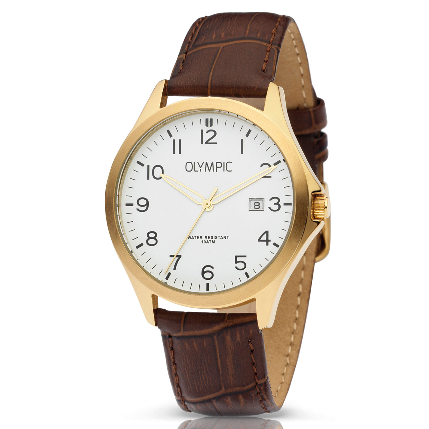 Dit Olympic herenhorloge met modelnummer OL72HDL002 heeft een analoge wijzerplaat in wit met Arabische index. De kast is goudkleurig en gemaakt van roestvrij staal. Het uurwerk is quartz en nikkelvrij, met een datumfunctie. De bruine real-lederen band geeft een klassieke uitstraling. Waterbestendig tot 10 ATM. Draag het horloge dagelijks voor een stijlvolle look.