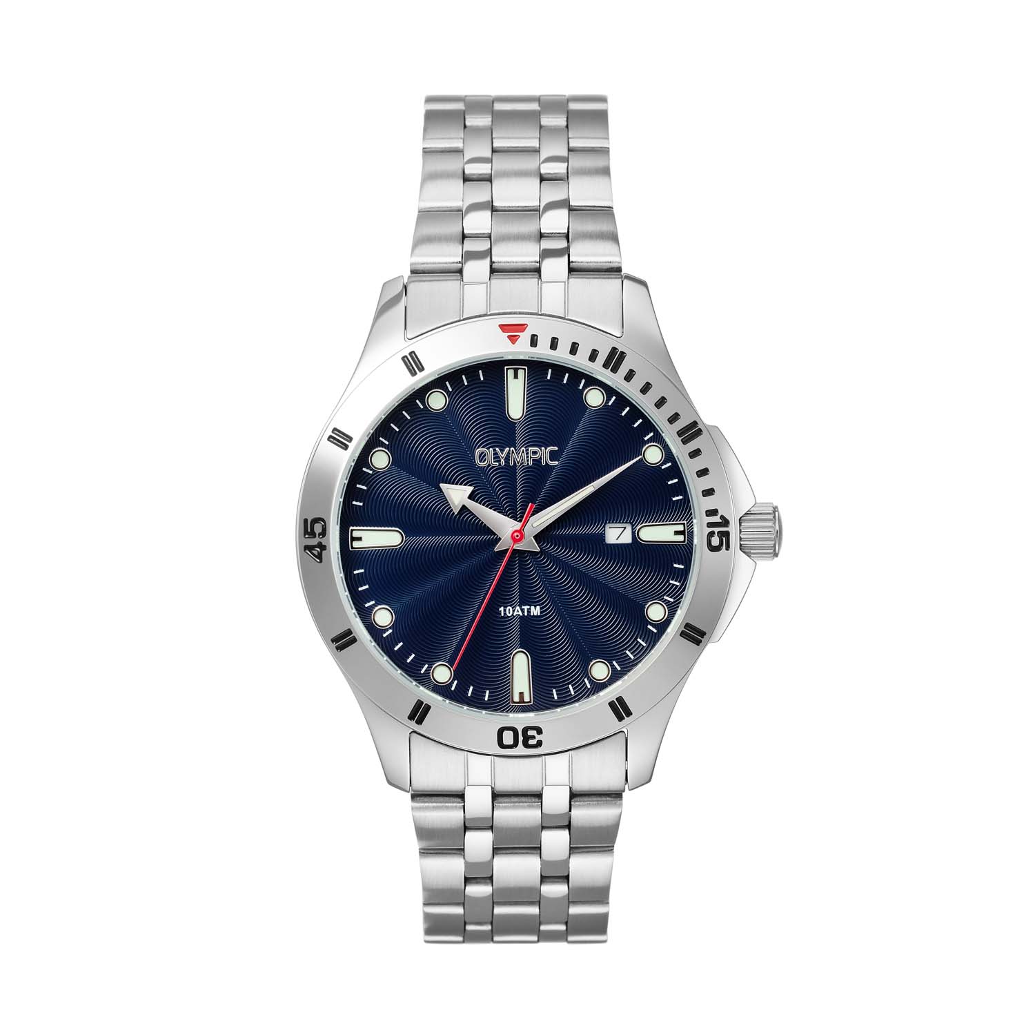 Olympic OL72HSS406 Horloge Staal 41mm 
Dit unieke Olympic horloge met artikelnummer: OL72HSS406 is een herenhorloge met een classic sportieve uitstraling. Het horloge heeft een ronde stalen kast met een blauwe wijzerplaat met een datum, witte strepen en stippen ingelegd met lumibrite. Aan de kast zit een stalen schakelband met vouwsluiting. Het horloge heeft een mineraalglas, een doorsnee van 41mm en is 10ATM.
