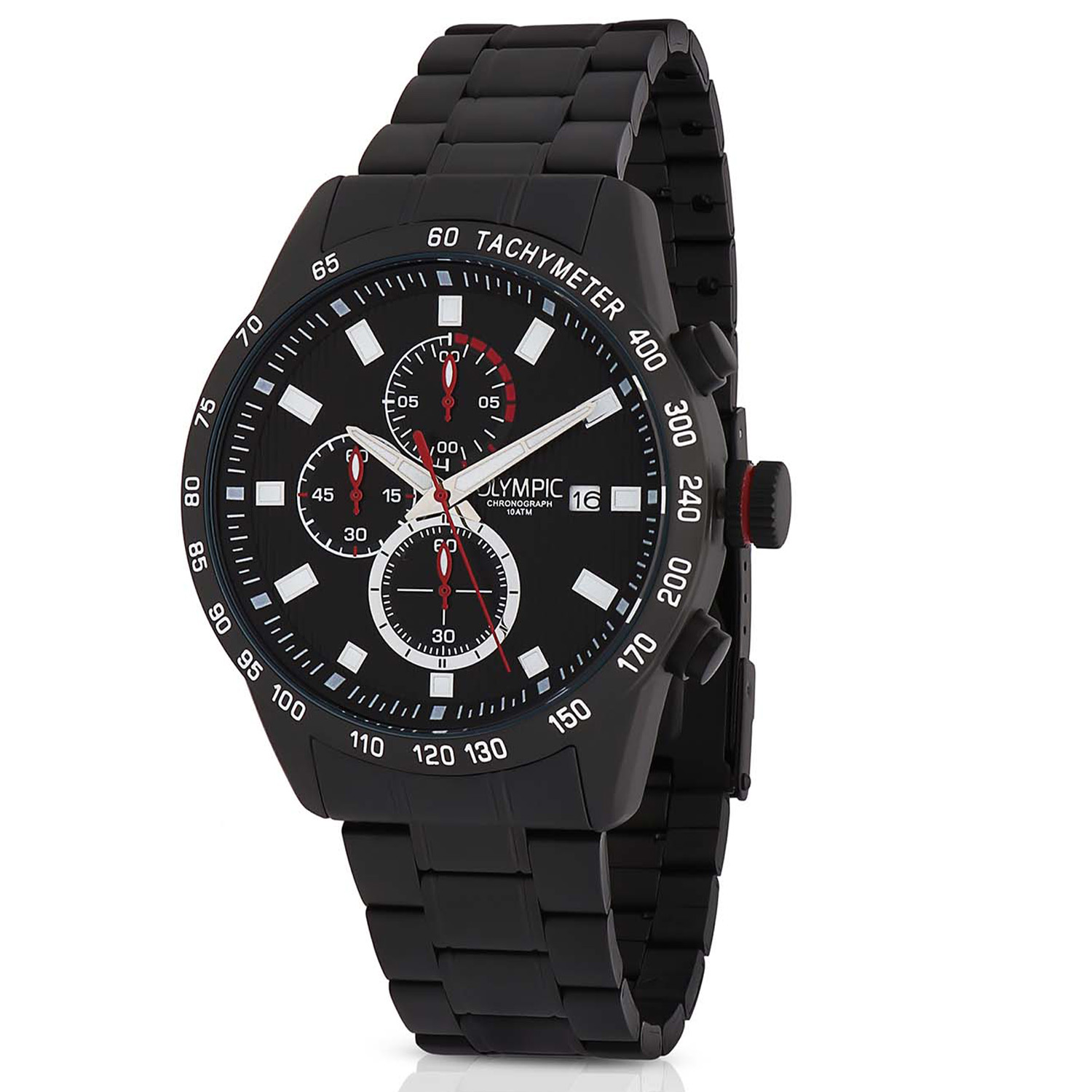 Olympic OL72HZZ003 MAX Horloge - Zwart staal -Bracelet - Zwart - 44mm 
Dit unieke Olympic horloge met artikelnummer: OL72HZZ003 is een herenhorloge met chronograaf en heeft een sportieve uitstraling. De zwarte stalen kast heeft een zwarte bezel met een tachymeter en een zwarte wijzerplaat met een datum en chronograaf. De uursaanduiding is opvallend door de lumibrite strepen en wijzers. De rode accenten geven het horloge een sportief uiterlijk. Aan de stalen kast zit een zwarte stalen schakelband met een vouwsluiting. Het horloge heeft een mineraalglas, een doorsnee van 44mm en is 10ATM.

Waterdichtheid 10ATM
Dit horloge is bestand tegen water bij het zwemmen en douchen. Dit horloge is niet bestand tegen (grote) waterdruk dus je kunt er niet mee duiken.

Het merk:
Het Nederlandse horlogemerk Olympic levert stoere chronografen, slimline series, digitale uurwerken en elegante dameshorloges. De prijs-kwaliteitverhouding staat bij Olympic hoog in het vaandel met prijzen die uiteenlopen van &euro; 34,95 tot en met &euro; 159,00.

100% Nederlands ontwerp, waterdicht en standaard 3 jaar fabrieksgarantie.

Specificaties:
- Ronde kast &Oslash; 44mm
- Zwarte stalen horlogekast
- Zwarte wijzerplaat
- Zwarte stalen schakelband
- 10ATM 
- Standaard 3 jaar fabrieksgarantie
- Mineraalglas