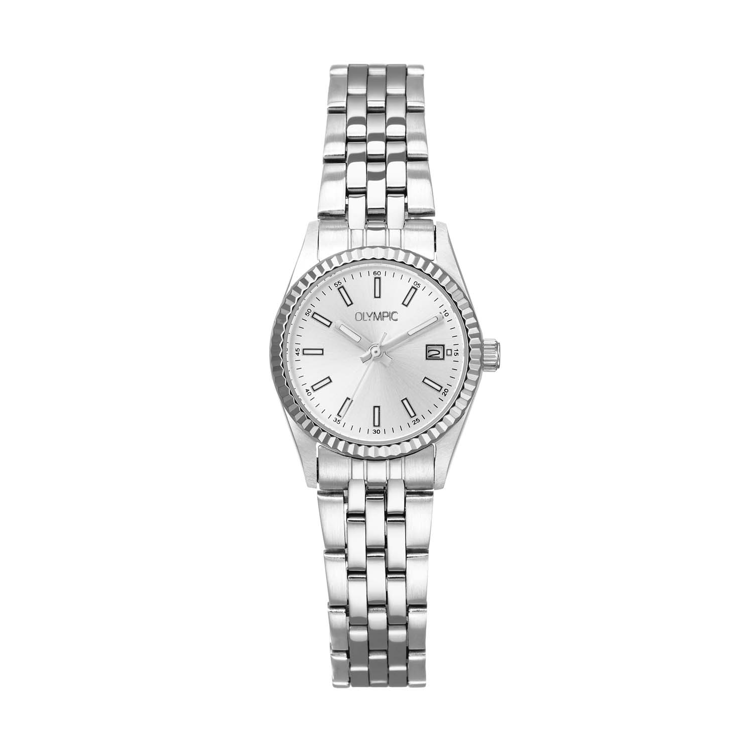 Olympic OL75DSS001 Horloge Staal 26mm 
Dit unieke Olympic horloge met artikelnummer: OL75DSS001 is een dameshorloge met een chique sportieve uitstraling. Het horloge heeft een ronde stalen kast met een geribbelde bezel, een zilverkleurige wijzerplaat en een datum met extra venster en lumibrite in de uursaanduiding. Aan de kast zit een fijne stalen schakelband met druksluiting. Het horloge heeft een mineraalglas, een schroefdeksel, een doorsnee van 26mm en is 5ATM.

Het merk:
Het Nederlandse horlogemerk Olympic levert stoere chronografen, slimline series, digitale uurwerken en elegante dameshorloges. De prijs-kwaliteitverhouding staat bij Olympic hoog in het vaandel met prijzen die uiteenlopen van € 34,95 tot en met € 159,00.

100% Nederlands ontwerp, waterdicht en standaard 3 jaar fabrieksgarantie.

Specificaties:
- Ronde kast Ø 26mm
- Stalen horlogekast
- Zilverkleurige wijzerplaat
- Stalen schakelband
- 5ATM 
- Standaard 3 jaar fabrieksgarantie
- Mineraalglas