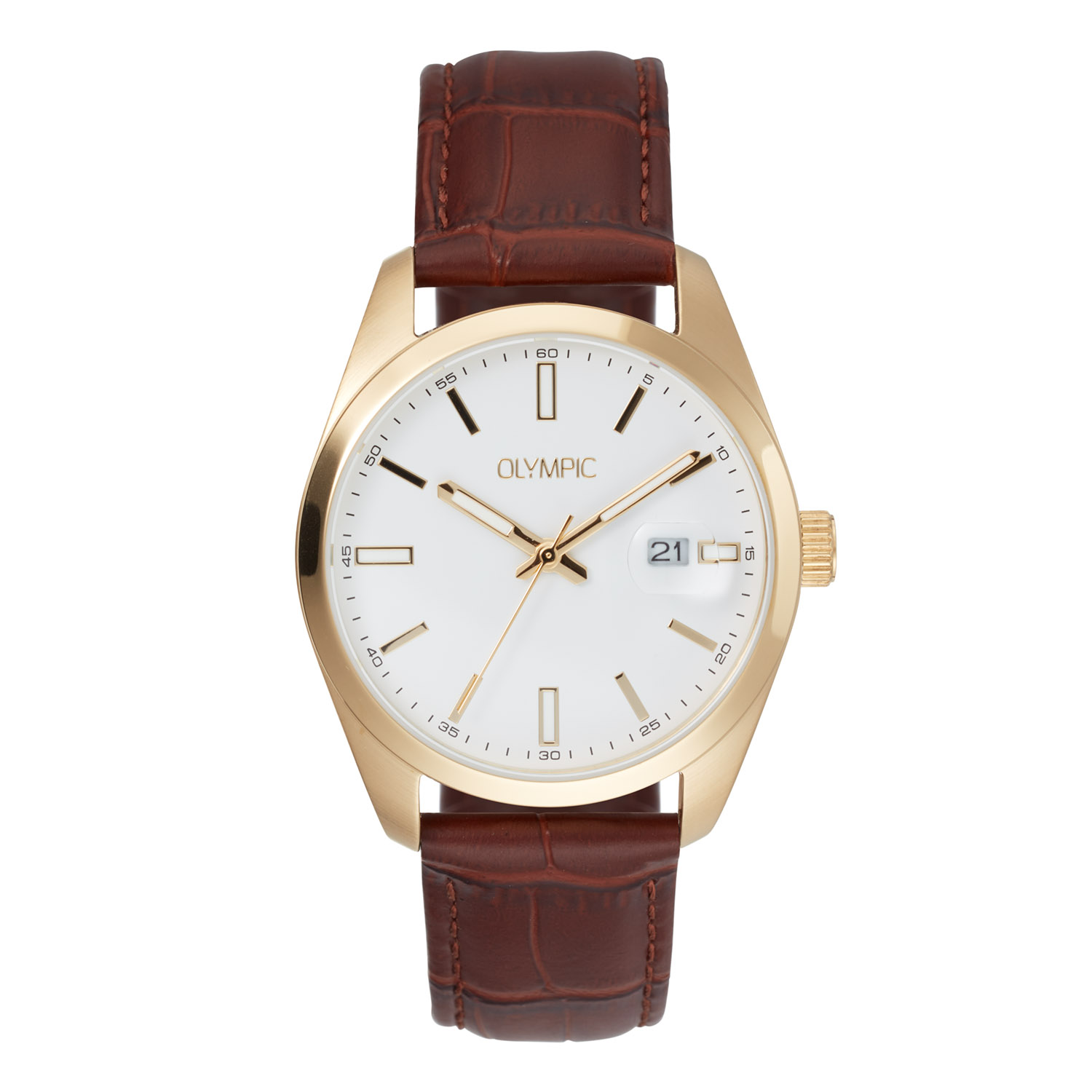 Olympic OL75HDL001 Louis Horloge Staal 39mm 
Dit unieke Olympic horloge met artikelnummer: OL75HDL001 is een herenhorloge met een classic sportieve uitstraling. Het horloge heeft een ronde stalen goudkleurige kast met een witte wijzerplaat met een datum achter een vergrotende lens. Aan de kast zit een bruine lerenband met een gespsluiting. Het horloge heeft een mineraalglas, een doorsnee van 39mm en is 5ATM.

Het merk:
Een mooi horloge hoeft niet duur te zijn! Het Nederlandse horlogemerk Olympic levert stoere chronografen, slimline series, digitale uurwerken en elegante dameshorloges. De prijs-kwaliteitverhouding staat bij Olympic hoog in het vaandel met prijzen die uiteenlopen van &euro; 34,95 tot en met &euro; 169,00.

100% Nederlands ontwerp, waterdicht en standaard 3 jaar fabrieksgarantie.

Specificaties:
- Ronde kast &Oslash; 39mm
- Stalen horlogekast
- Witte wijzerplaat
- Bruine lerenband
- 5ATM 
- Standaard 3 jaar fabrieksgarantie
- Mineraalglas