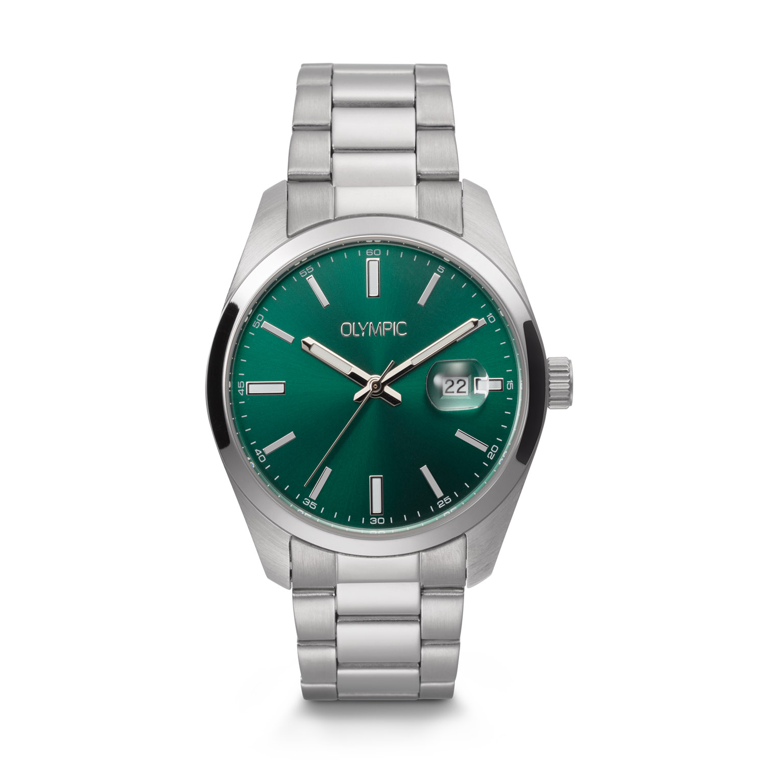 Olympic OL75HSS001 Louis Horloge Heren Staal 39mm 
Dit unieke Olympic horloge met artikelnummer: OL75HSS001 is een classic herenhorloge. Het horloge heeft een stalen kast met een glanzende bezel, een groene wijzerplaat met streepjes als uursaanduiding en een datum. Aan de kast zit een stalen schakelband met een vouwsluiting. Het horloge heeft een mineraalglas, een doorsnee van 39mm en is 5ATM.

Het merk:
Het Nederlandse horlogemerk Olympic levert stoere chronografen, slimline series, digitale uurwerken en elegante dameshorloges. De prijs-kwaliteitverhouding staat bij Olympic hoog in het vaandel met prijzen die uiteenlopen van € 34,95 tot en met € 159,00.

100% Nederlands ontwerp, waterdicht en standaard 3 jaar fabrieksgarantie.

Specificaties:
- Ronde kast Ø 39mm
- Stalen horlogekast
- Groene wijzerplaat
- Stalen schakelband
- 5ATM 
- Standaard 3 jaar fabrieksgarantie
- Mineraalglas