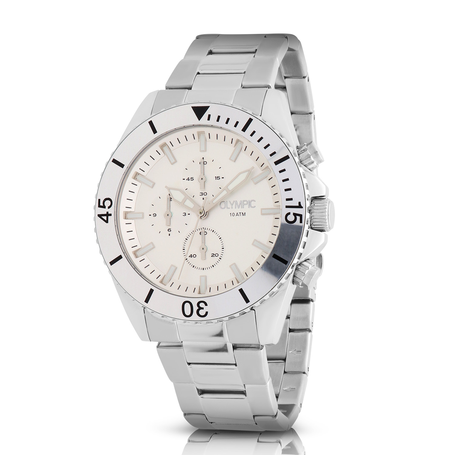 Olympic OL89HSS053 Paul Horloge Heren Staal 43mm 
Dit unieke Olympic horloge met artikelnummer: OL89HSS053 is een heren horloge met een stoere uitstraling. De stalen kast heeft een bewerkte bezel en een zilverkleurige wijzerplaat met een chronograaf. De uursaanduiding is opvallend door de lumibrite strepen en wijzers. Dit geeft het horloge een stoer uiterlijk. Aan de stalen kast zit een stalen mat glimmende schakelband met een vouwsluiting. Het horloge heeft een mineraalglas, een doorsnee van 43mm en is 10ATM.

Waterdichtheid 10ATM
Dit horloge is bestand tegen water bij het zwemmen en douchen. Dit horloge is niet bestand tegen (grote) waterdruk dus je kunt er niet mee duiken.

Het merk:
Het Nederlandse horlogemerk Olympic levert stoere chronografen, slimline series, digitale uurwerken en elegante dameshorloges. De prijs-kwaliteitverhouding staat bij Olympic hoog in het vaandel met prijzen die uiteenlopen van € 34,95 tot en met € 159,00.

100% Nederlands ontwerp, waterdicht en standaard 3 jaar fabrieksgarantie.

Specificaties:
- Ronde kast Ø 43mm
- Stalen horlogekast
- Zilverkleurige wijzerplaat
- Stalen schakelband
- 10ATM 
- Standaard 3 jaar fabrieksgarantie
- Mineraalglas