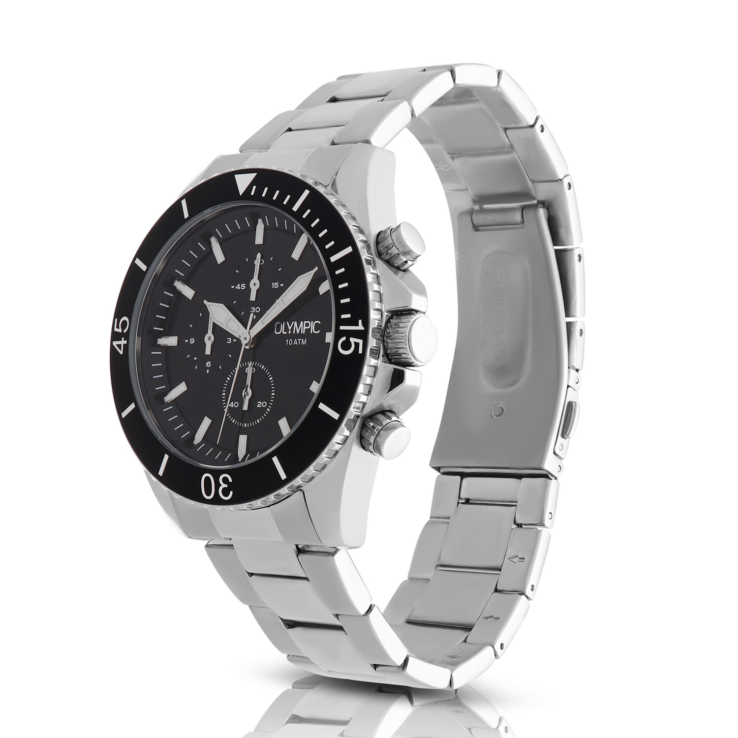 Olympic OL89HSS054 Paul Horloge Heren Staal 43mm 
Dit unieke Olympic horloge met artikelnummer: OL89HSS054 is een heren horloge met een stoere uitstraling. De stalen kast heeft een bewerkte bezel en een zwarte wijzerplaat met een chronograaf. De uursaanduiding is opvallend door de lumibrite strepen en wijzers. Dit geeft het horloge een stoer uiterlijk. Aan de stalen kast zit een stalen mat glimmende schakelband met een vouwsluiting. Het horloge heeft een mineraalglas, een doorsnee van 43mm en is 10ATM.

Waterdichtheid 10ATM
Dit horloge is bestand tegen water bij het zwemmen en douchen. Dit horloge is niet bestand tegen (grote) waterdruk dus je kunt er niet mee duiken.

Het merk:
Het Nederlandse horlogemerk Olympic levert stoere chronografen, slimline series, digitale uurwerken en elegante dameshorloges. De prijs-kwaliteitverhouding staat bij Olympic hoog in het vaandel met prijzen die uiteenlopen van € 34,95 tot en met € 159,00.

100% Nederlands ontwerp, waterdicht en standaard 3 jaar fabrieksgarantie.

Specificaties:
- Ronde kast Ø 43mm
- Stalen horlogekast
- Zwarte wijzerplaat
- Stalen schakelband
- 10ATM 
- Standaard 3 jaar fabrieksgarantie
- Mineraalglas