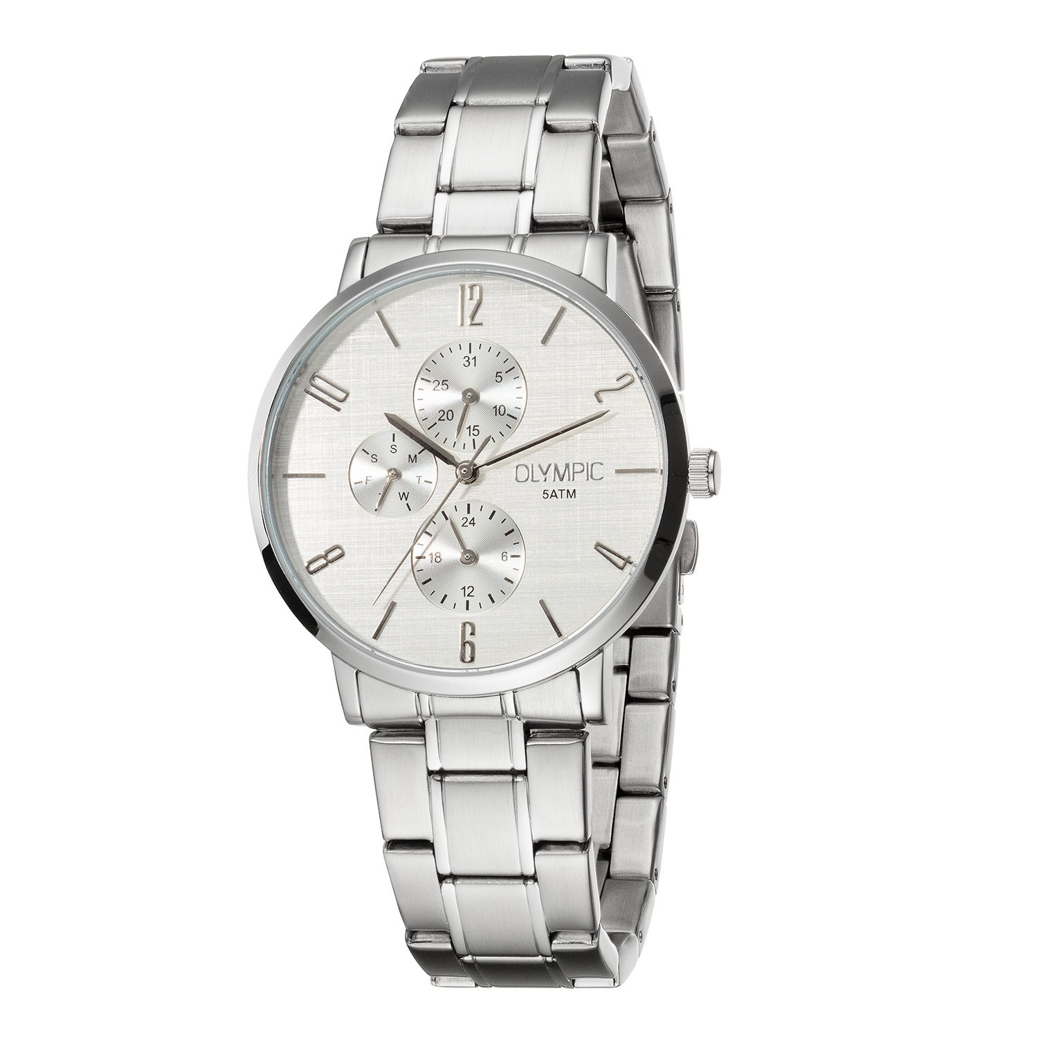 Olympic OL89HSS077 Tobias Horloge Heren Staal 40mm 
Dit unieke Olympic horloge met artikelnummer: OL89HSS077 is een heren horloge met een nette uitstraling. De stalen kast heeft een gladde bezel en een zilverkleurige wijzerplaat met een dag,- datum,- en 24-uursaanduiding. De uursaanduiding is verfijnd met zilverkleurige strepen en enkele cijfers. Dit geeft het horloge een chique uiterlijk. Aan de stalen kast zit een stalen schakelband met een vouwsluiting. Het horloge heeft een mineraalglas, een doorsnee van 40mm en is 5ATM.

Waterdichtheid 5ATM
Dit horloge is bestand tegen water bij het zwemmen en douchen. Dit horloge is niet bestand tegen (grote) waterdruk dus je kunt er niet mee duiken.

Het merk:
Het Nederlandse horlogemerk Olympic levert stoere chronografen, slimline series, digitale uurwerken en elegante dameshorloges. De prijs-kwaliteitverhouding staat bij Olympic hoog in het vaandel met prijzen die uiteenlopen van € 34,95 tot en met € 159,00.

100% Nederlands ontwerp, waterdicht en standaard 3 jaar fabrieksgarantie.

Specificaties:
- Ronde kast Ø 40mm
- Stalen horlogekast
- Zilverkleurige wijzerplaat
- Stalen schakelband
- 5ATM 
- Standaard 3 jaar fabrieksgarantie
- Mineraalglas