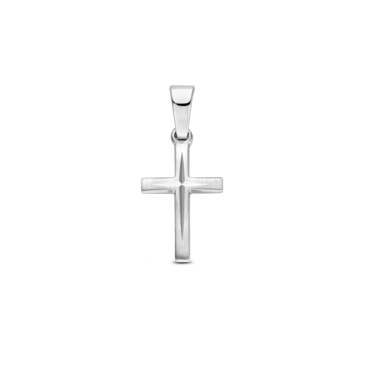 Deze zilveren hanger heeft de vorm van een kruis. De hoogte van de hanger is 13mm