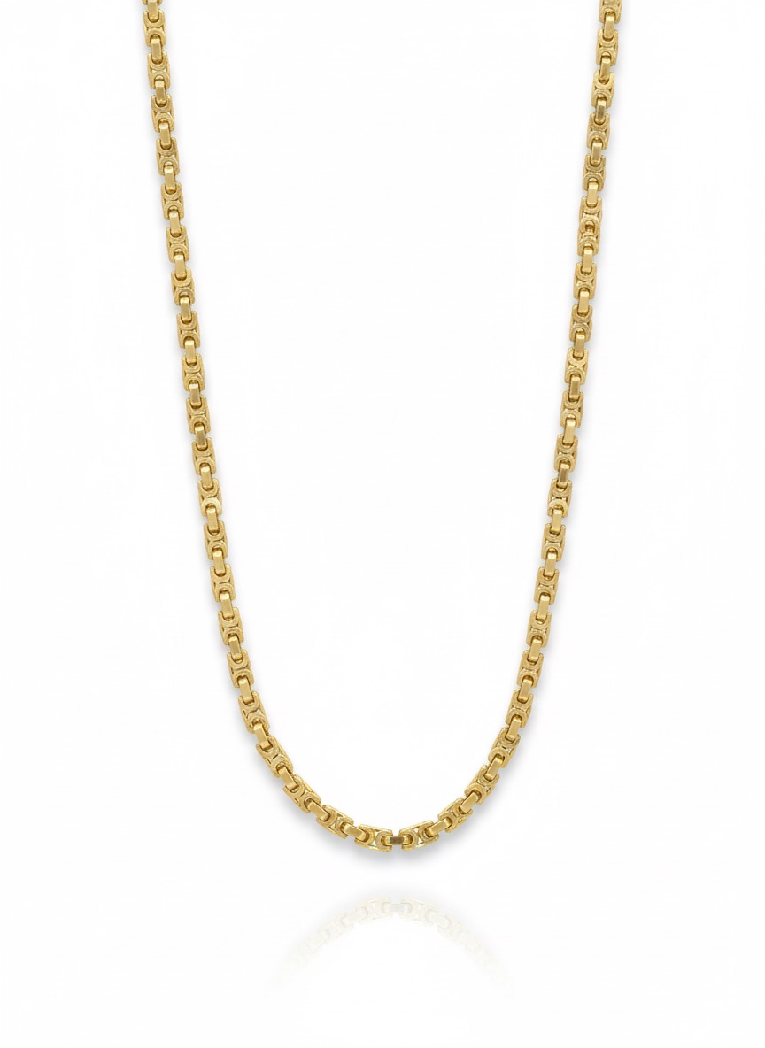 De JS51 14 karaats gouden platte schakelketting is een luxueus sieraad, nieuw en glanzend, gemaakt van massief goud met een gewicht van 23,3 gram. De ketting heeft een lengte van 60 cm en een breedte van 4,5 mm. Draag hem als een opvallend statement bij een elegante outfit. Perfect voor elke gelegenheid.