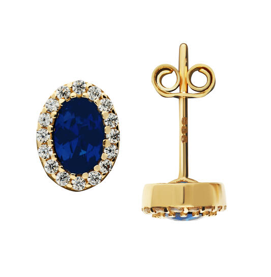 14 karaats Gouden oorknoppen met gezet zirkonia en ovaal synthetisch saffier in een stevige entourage zetting.
