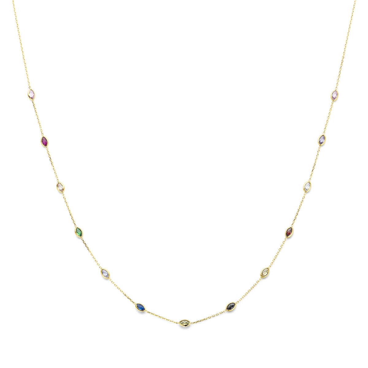 14k Geelgouden collier uitgevoerd met gekleurde zirkoni's. Het collier heeft draaglengtes van 41-43-45cm.