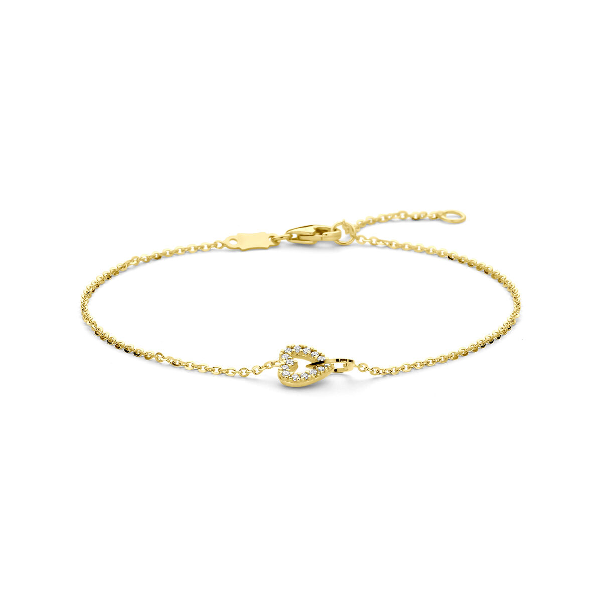 14 karaats geelgouden armband met 2 hartjes, waarvan 1 bezet met zirkonia's 
met een draaglengte van 16-18 cm
Maak de set compleet met het bijpassende collier.