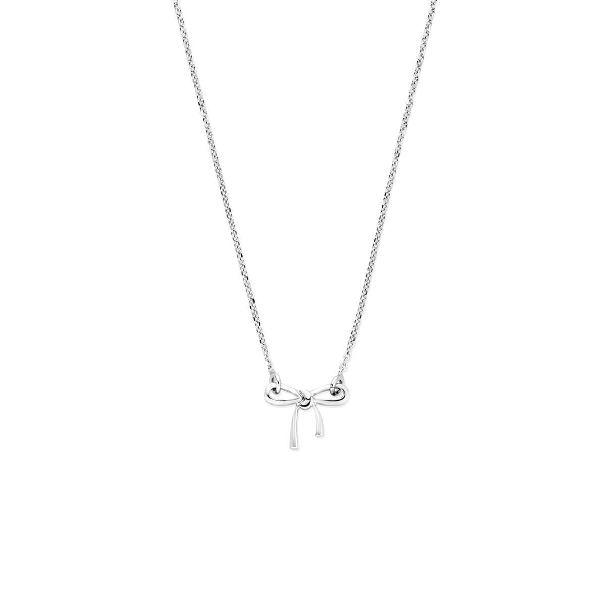 Gerhodineerd 925 zilveren collier uitgevoerd in de vorm van een strikje, lengte 41-45 cm.
combineer met de bijpassende oorsieraden en armband voor een complete look!