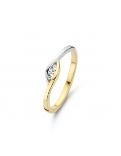 Bicolor 14 karaat gouden ring met drie briljant geslepen diamanten van totaal 0.03ct.