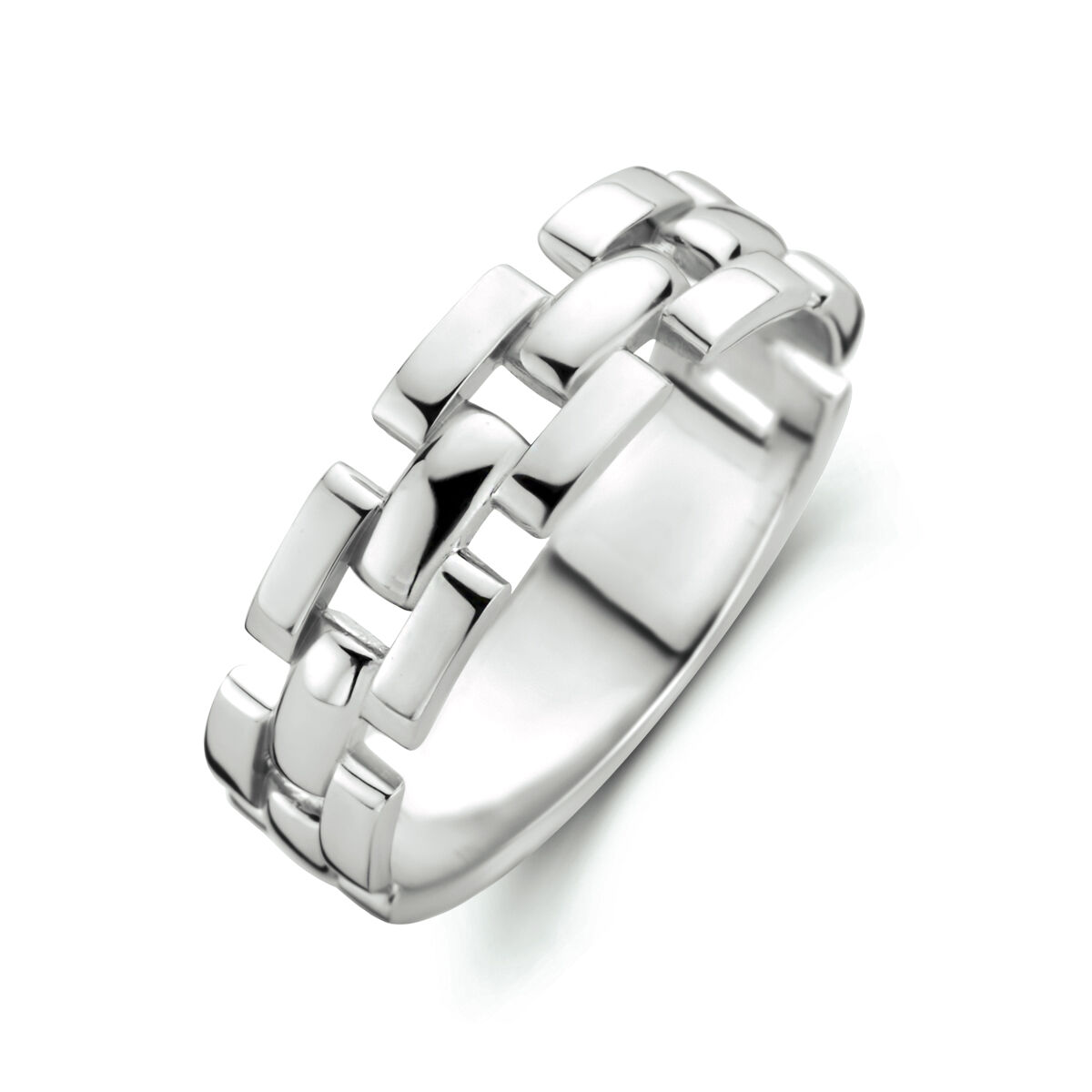 Gerhodineerde 925 zilveren ring uitgevoerd met schakelmotief. De ring heeft een breedte van 5.5 mm.
Maat 17,75 en verkrijgbaar in diverse andere maten