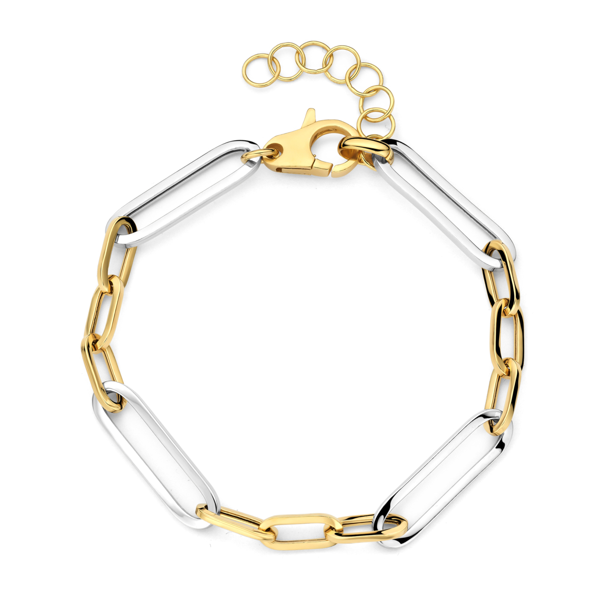 Een bicolor zilveren armband met schakels, perfect voor elke gelegenheid. 19cm + 3cm lengte. Draag het solo voor een verfijnde look of combineer het met andere sieraden voor een trendy effect. Een must-have voor elke sieradenliefhebber.