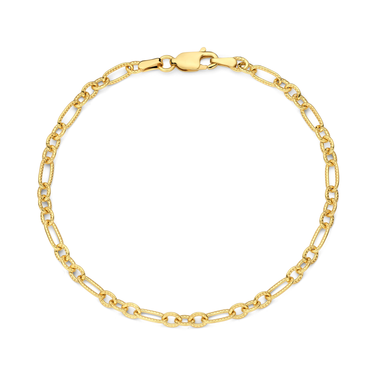Fijne verguld zilveren armband met geribde schakels, gemaakt van gold-plated 925 sterling zilver. Nikkelvrij en met een armbandlengte van 180 mm, weegt hij 3,2 gram. Draag deze elegante armband solo of combineer hem met andere armbanden voor een stijlvolle, gelaagde look. Perfect voor elke gelegenheid!