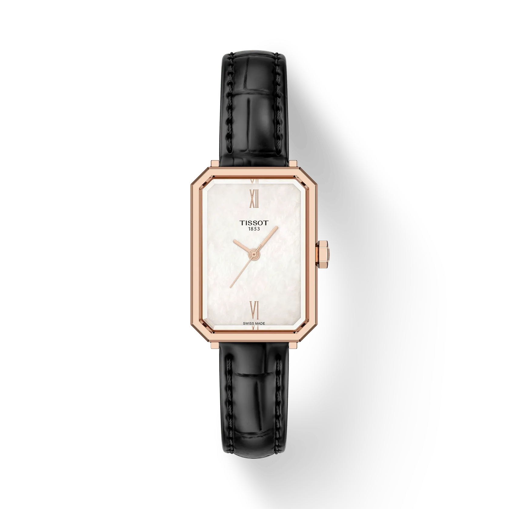 Een damespolshorloge Tissot model SRV met een rose kleurige kast en parelmoer wijzerplaat en zwarte leren band