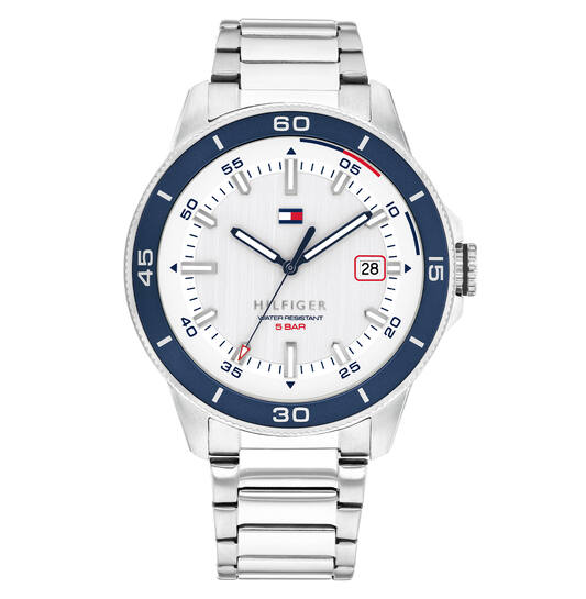 Tommy Hilfiger herenhotrlolge Remy met zilverkleurige stalen band en donkerblauwe bezel.