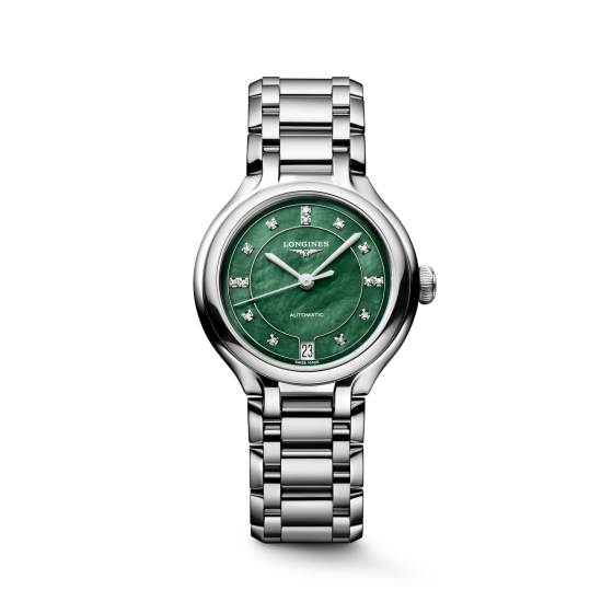 een damespolshorloge Longines model Prima Luna met groene wijzerplaat waarop diamanten index totaal 0.06 crt TWVS