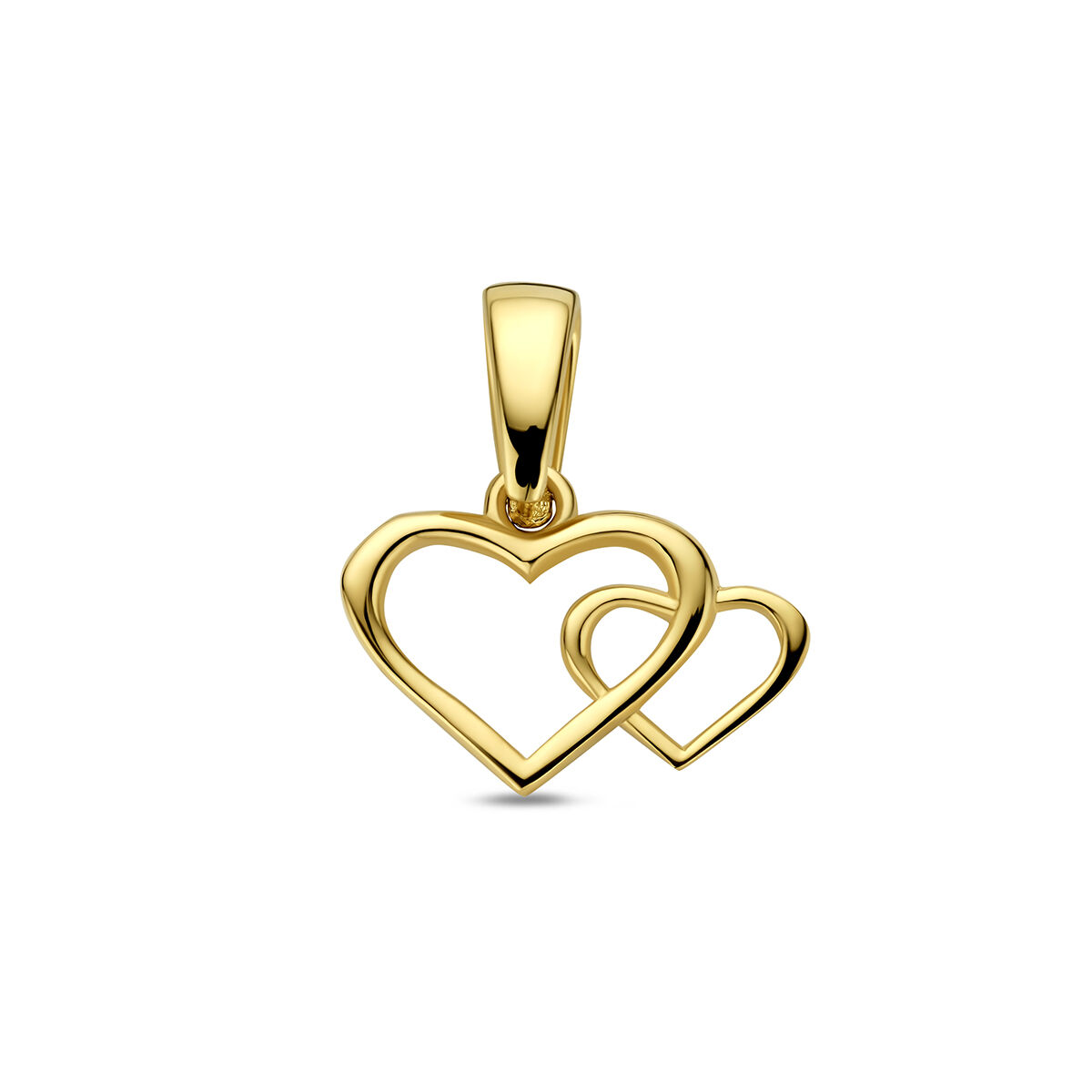 
14k Geelgouden hanger uitgevoerd in de vorm van twee hartjes. De hanger heeft een totale hoogte van 14mm.