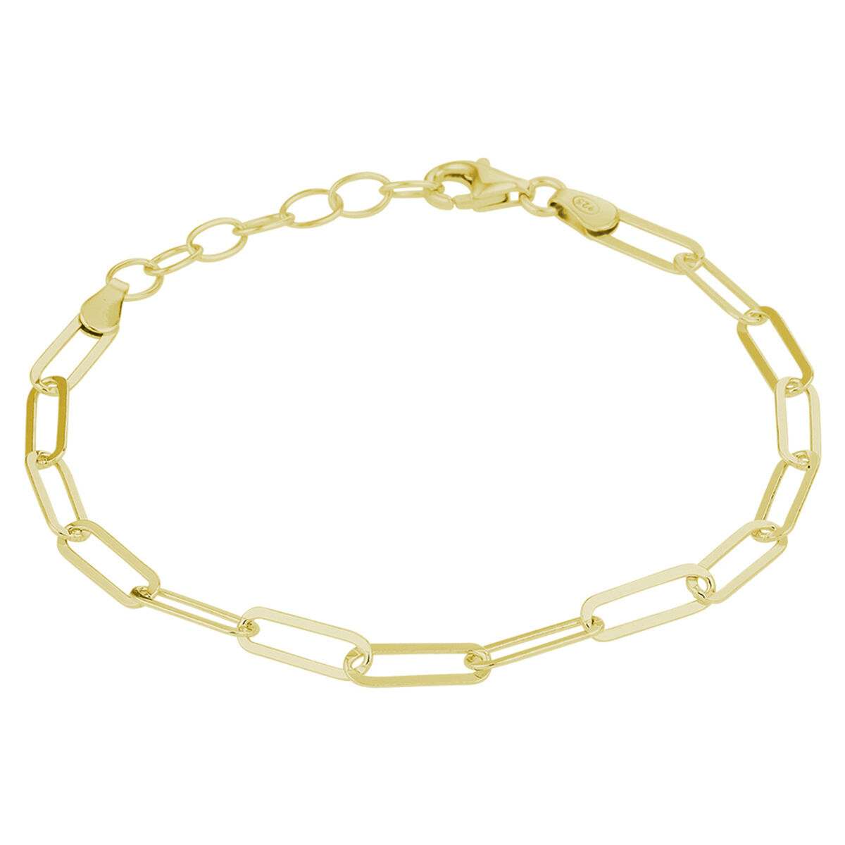 Geelgoud op 925 zilveren paperclip armband uitgevoerd met een karabijn sluiting. De armband heeft een draaglengte van 16cm en een extensie van 3cm. De schakelbreedte is 3.8mm. Geen garantie op plating.