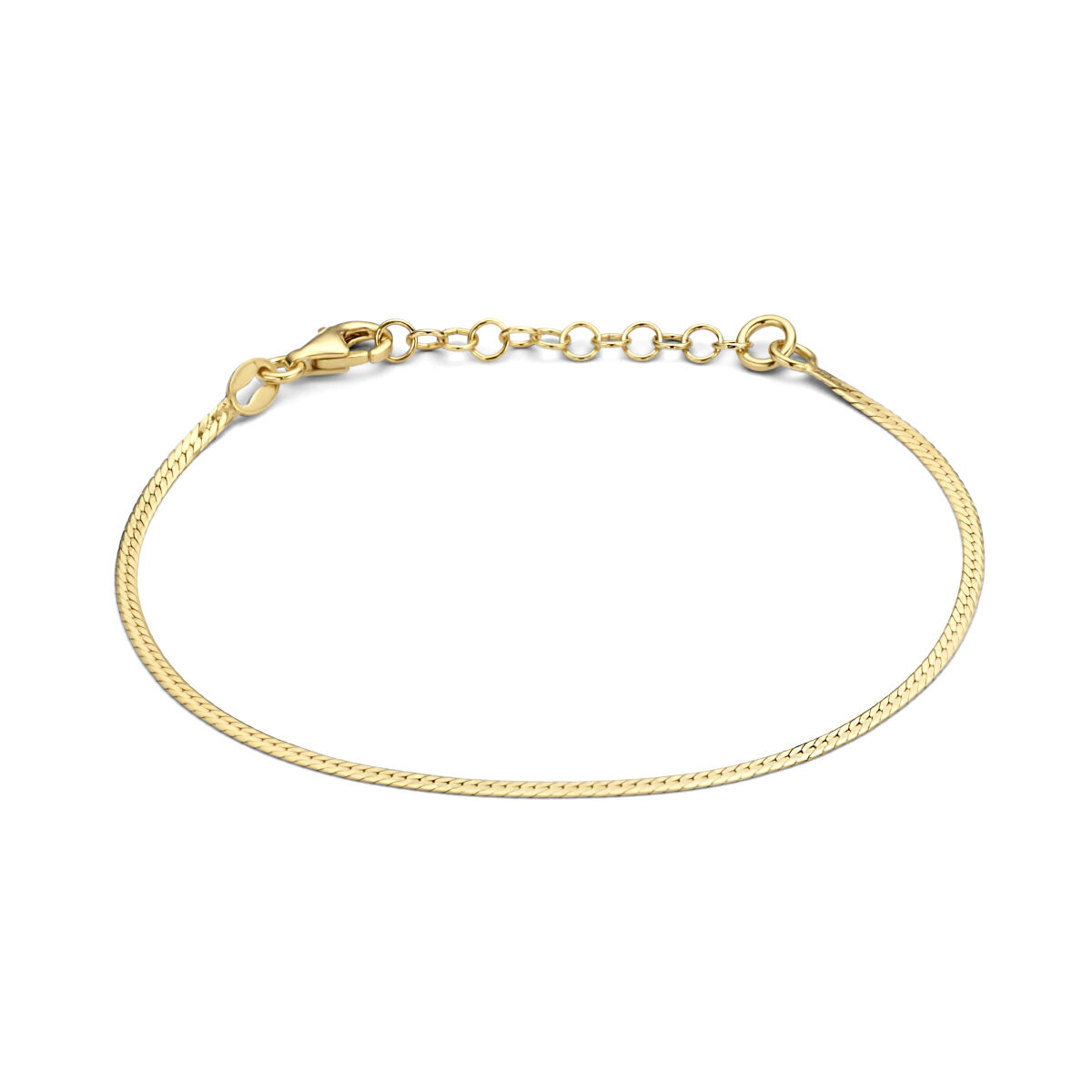 Verguld op 925 zilveren armband met een breedte van 1.7mm. De armband heeft een draaglengte van 16cm met een extensie van 3cm en een stevige karabijn sluiting. Geen garantie op plating.