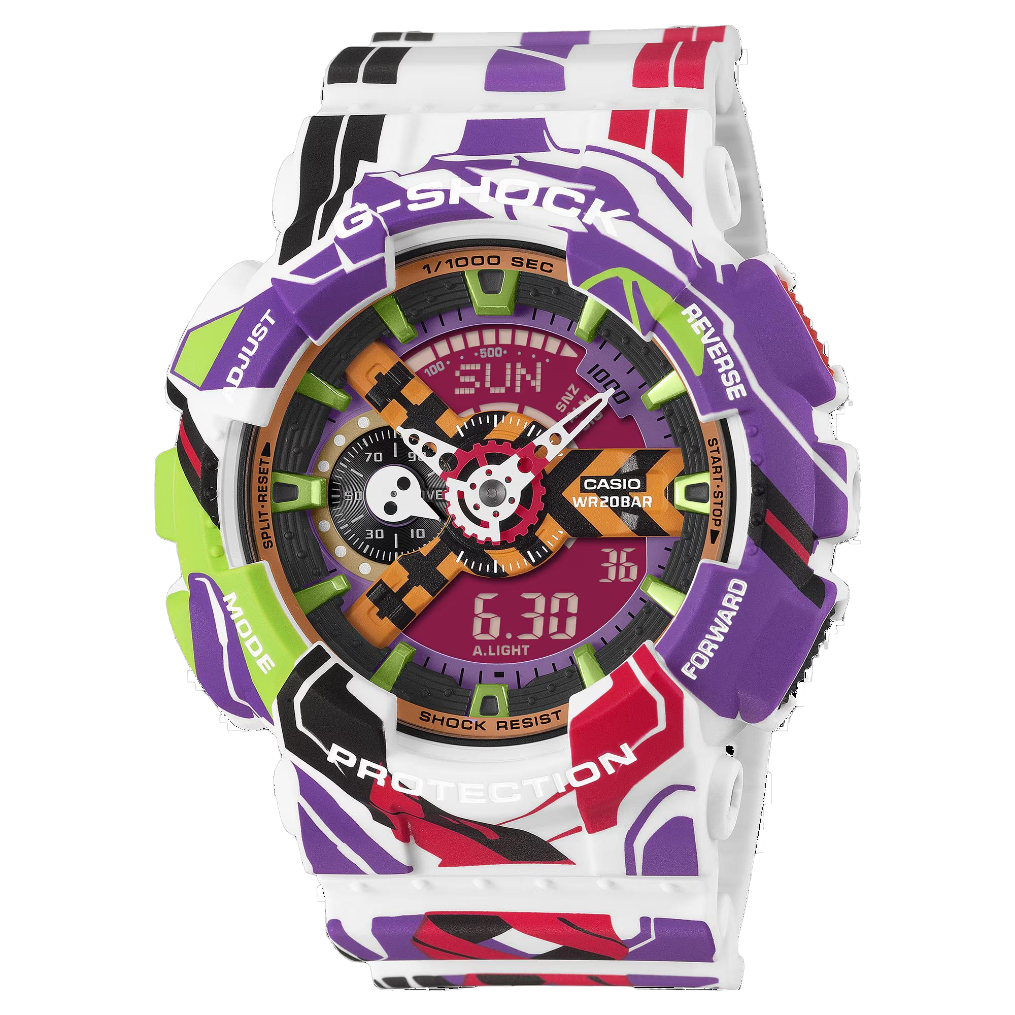 G-SHOCK werkt samen met EVANGELION, de iconische anime-serie met een gepassioneerde wereldwijde aanhang, om de 30e verjaardag van de oorspronkelijke tv-uitzending te vieren.

Deze speciale editie is ontworpen door Ikuto Yamashita, de mechanische ontwerper achter de EVANGELION-serie. Voor deze speciale samenwerking creëerde Yamashita origineel artwork dat de intensiteit van de meeslepende wereld van de serie weergeeft.

De GA-110, die ook werd gebruikt in de eerste EVANGELION samenwerking in 2010, dient als basismodel. EVA Unit-01, de centrale figuur van de serie, verschijnt overal in het ontwerp: zijn gehoornde hoofddeksel op de korte band, zijn gezicht op de ring en zijn rechterarm die de Speer van Longinus vasthoudt - net voor de worp - die zich uitstrekt van de onderste ring naar de lange band. Casio's geavanceerde oppervlaktebewerkingstechnieken reproduceren het gedetailleerde artwork van Yamashita natuurgetrouw.

De wijzerplaat van het horloge bevat nog meer referenties die fans kunnen waarderen. De wijzerplaatindicator op 9 uur is geïnspireerd op de 3e engel, Sachiel. Een gedurfd Y-vormig deel op de wijzerplaat weerspiegelt het CAUTION-patroon dat in de hele serie te zien is. Andere details zijn "NEON GENESIS" op de bandlus, het NERV-logo op het uiteinde van de band en een embleem van de 30e verjaardag gegraveerd op de achterkant van de kast.

Gepresenteerd in een speciale verpakking, brengt dit uurwerk de cutting-edge stoerheid van G-SHOCK en de onvergetelijke stijl van EVANGELION samen in een opvallende samenwerking voor fans over de hele wereld.