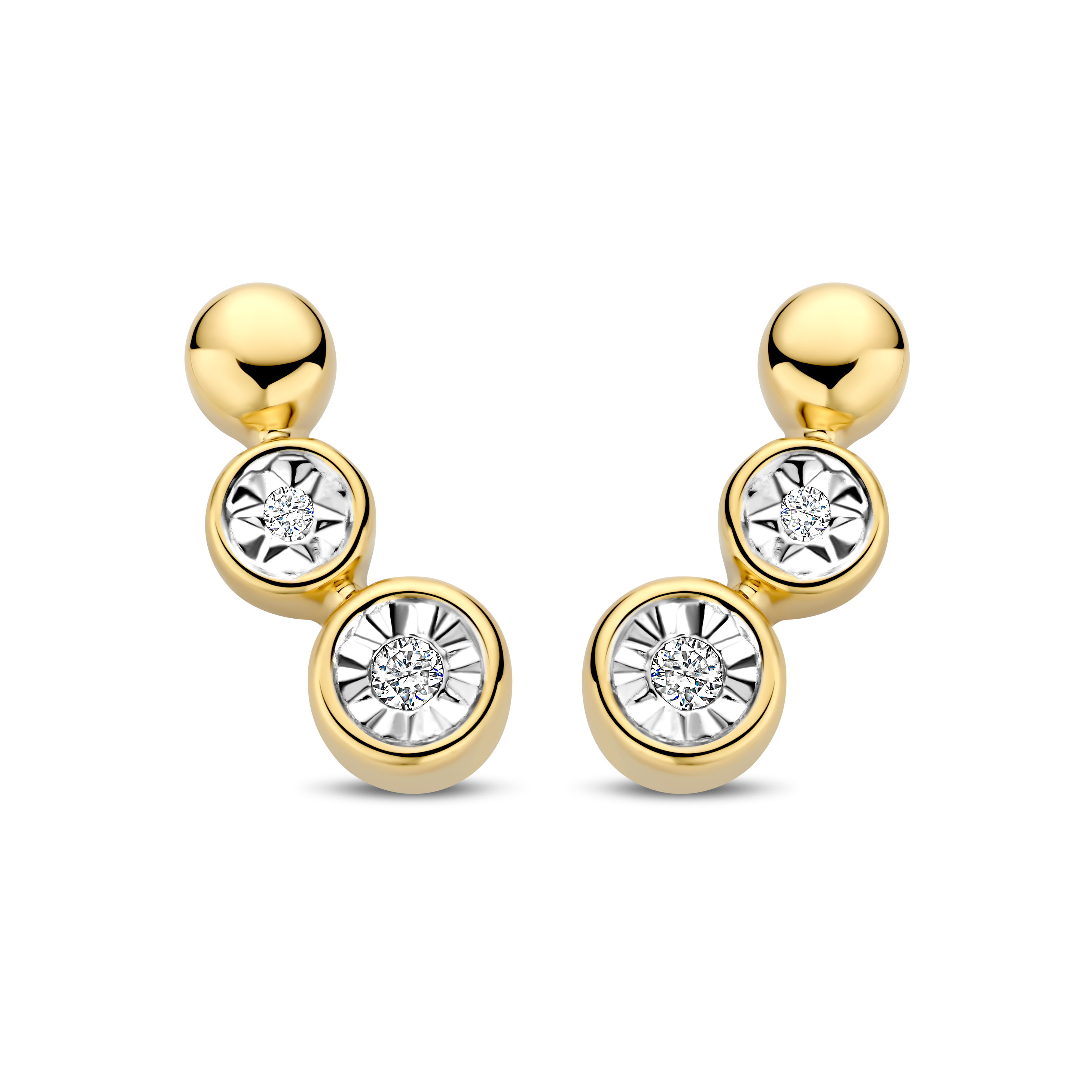 gouden oorstekers, 3 rondjes+ 2x briljant (tot.0.03ct