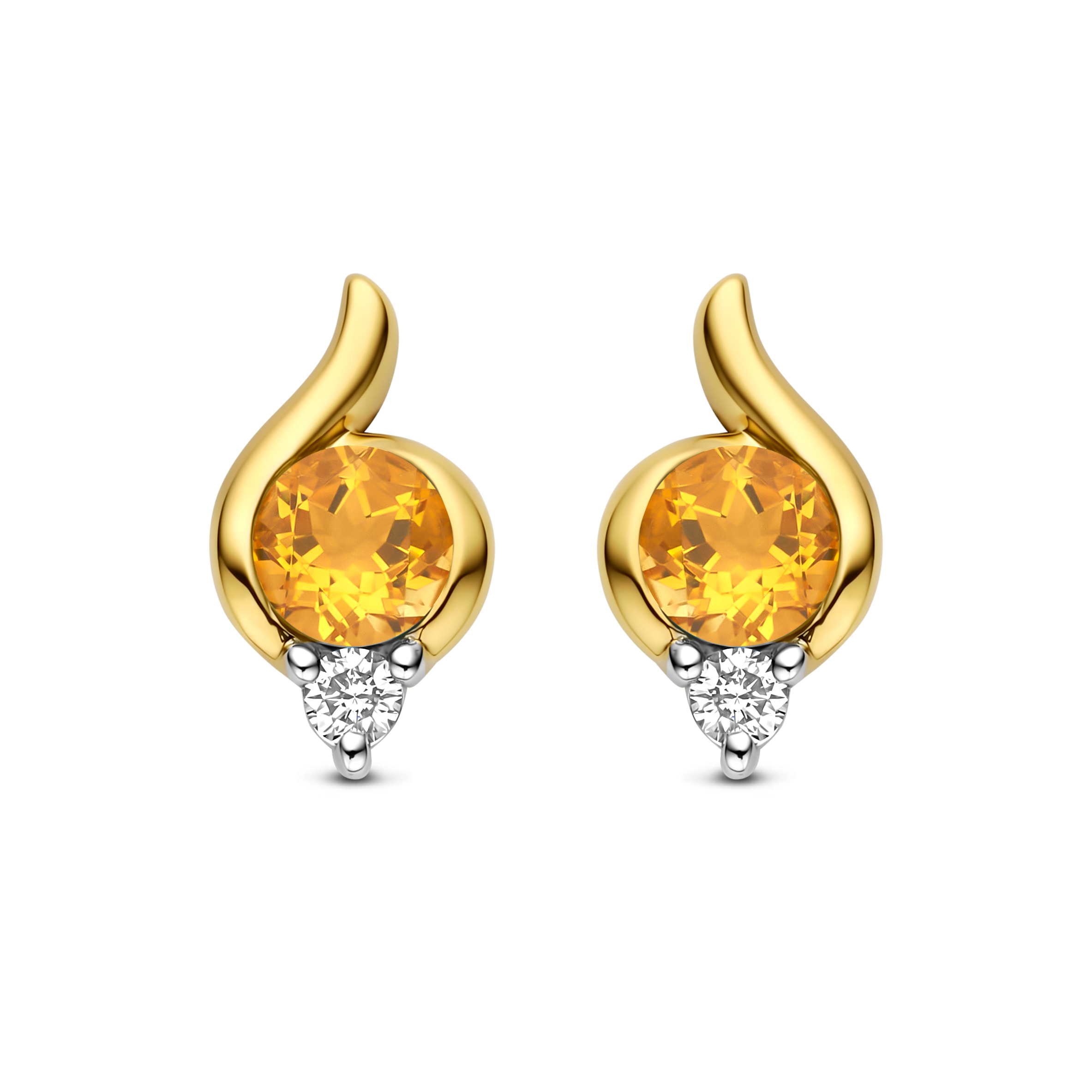 gouden oorstekers, citrien+ briljant 0.06ct