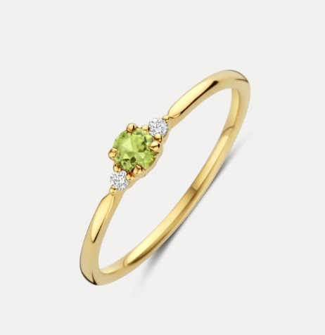 14 Karaat geel gouden dames fantasie ring model Premium MIA.
Mia is een verfijnde ring met 0.03 crt. H/Si briljant geslepen diamanten en een prachtige ronde Peridot.